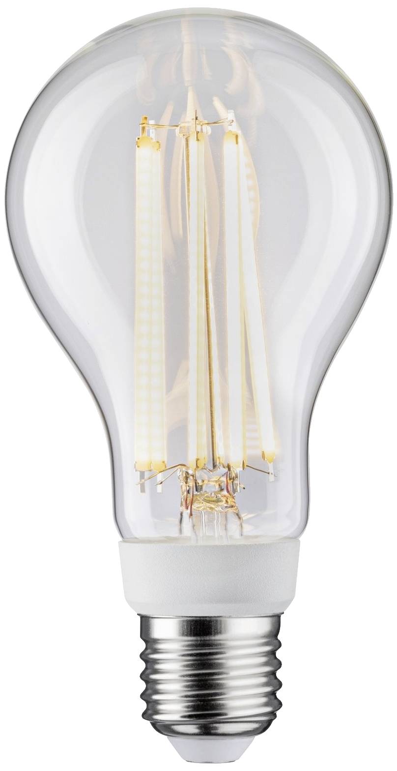 Une ampoule transparente avec des filaments apparents, présentée sur un fond blanc.