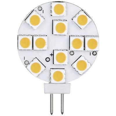 Lampe LED ronde avec 10 éléments lumineux jaunes sur fond blanc. Deux broches métalliques dépassent en bas.