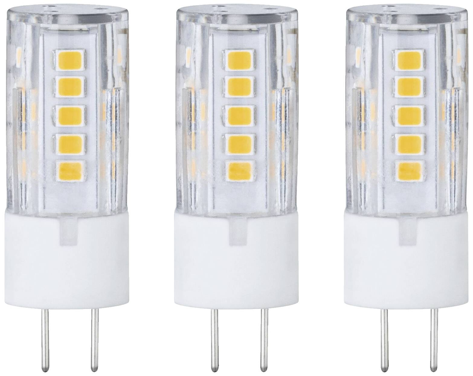 Trois ampoules LED claires avec douille. Chaque ampoule présente des diodes LED jaunes disposées verticalement.