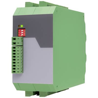 Appareil industriel de forme rectangulaire, vert et gris, doté de bornes de connexion et d'un indicateur LED sur la face avant.