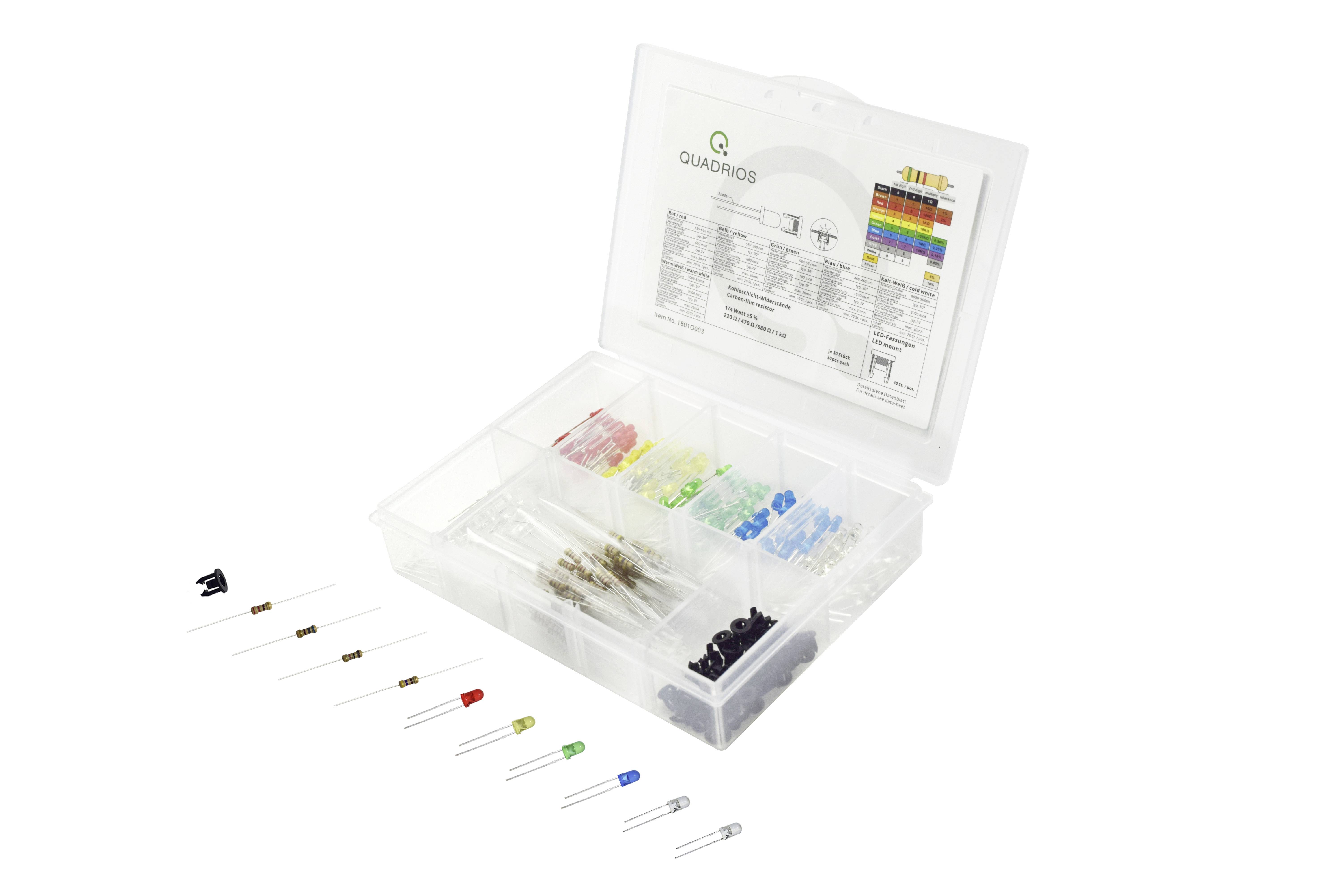 Boîte de rangement contenant différentes lampes LED de différentes couleurs, triées dans des compartiments. Les LED sont placées individuellement devant.