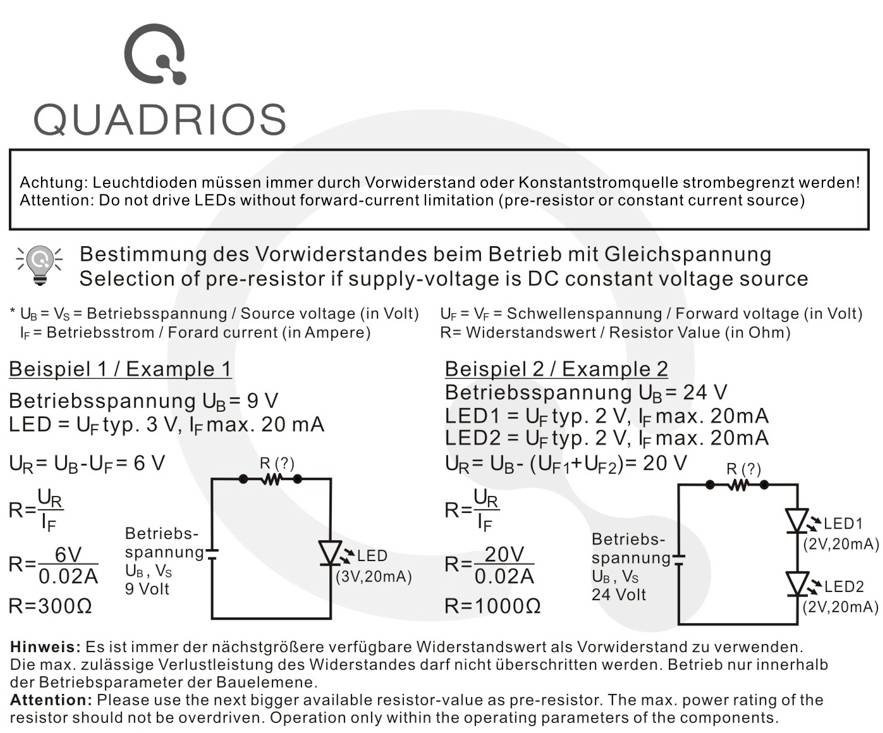 Schéma de circuit pour calculer la résistance série des LED, montrant deux exemples de circuits avec tension, intensité de courant et formules.
