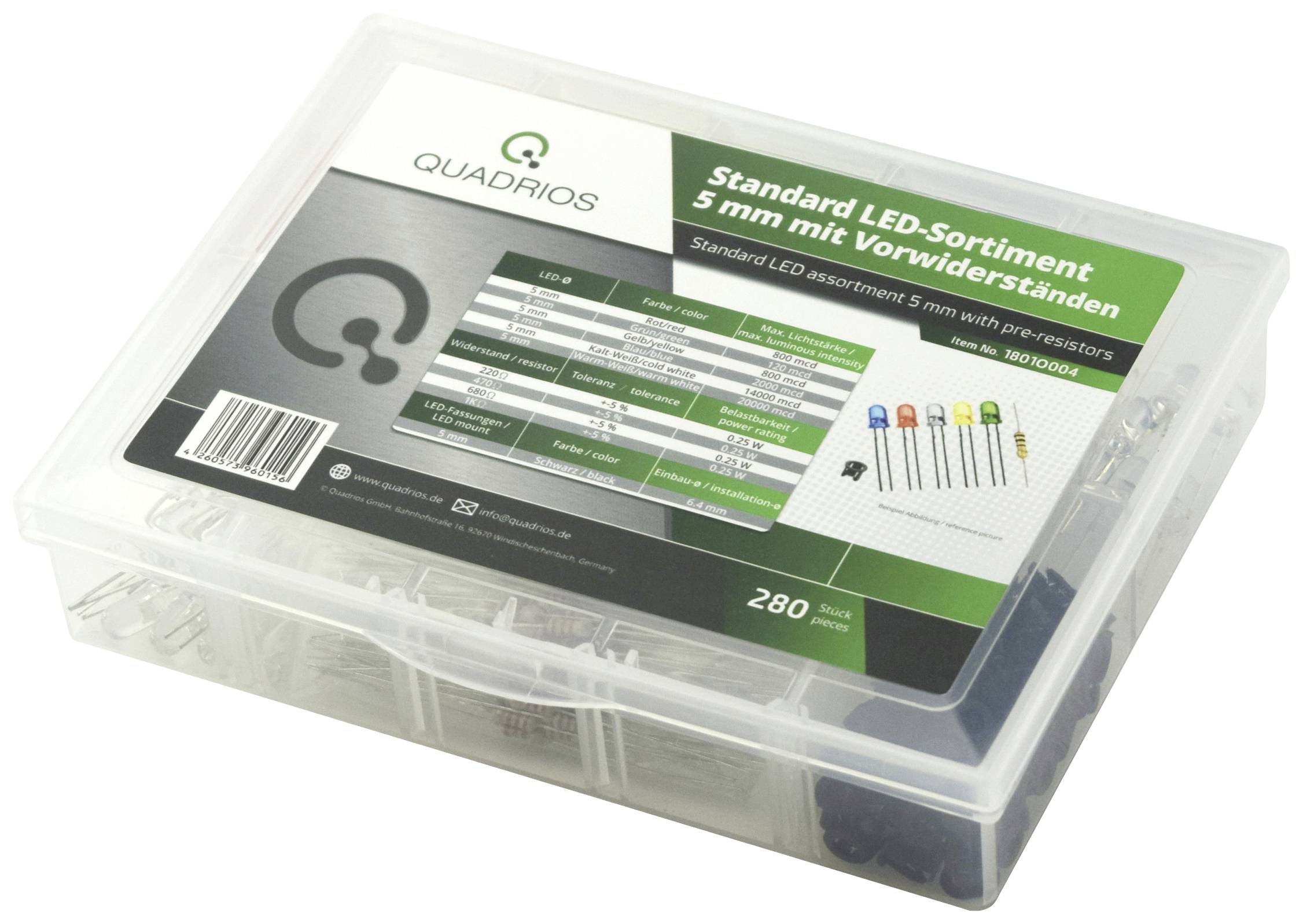 Quadrios Assortiment de LEDs rouge, vert, jaune, bleu, blanc froid, blanc chaud rond 5 mm 9000 mcd 35 ° 20 mA 3.0 V