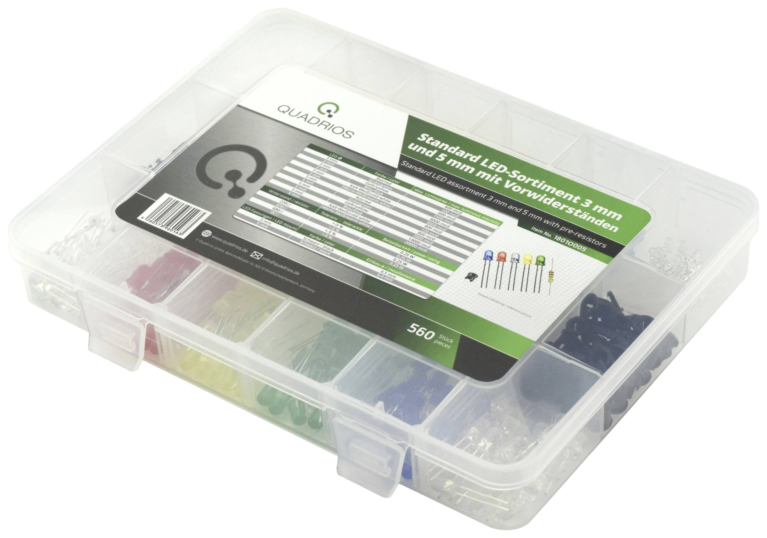 Un boîtier en plastique à compartiments contient diverses LED de différentes couleurs. Une étiquette sur le boîtier décrit le contenu comme un assortiment de LED.