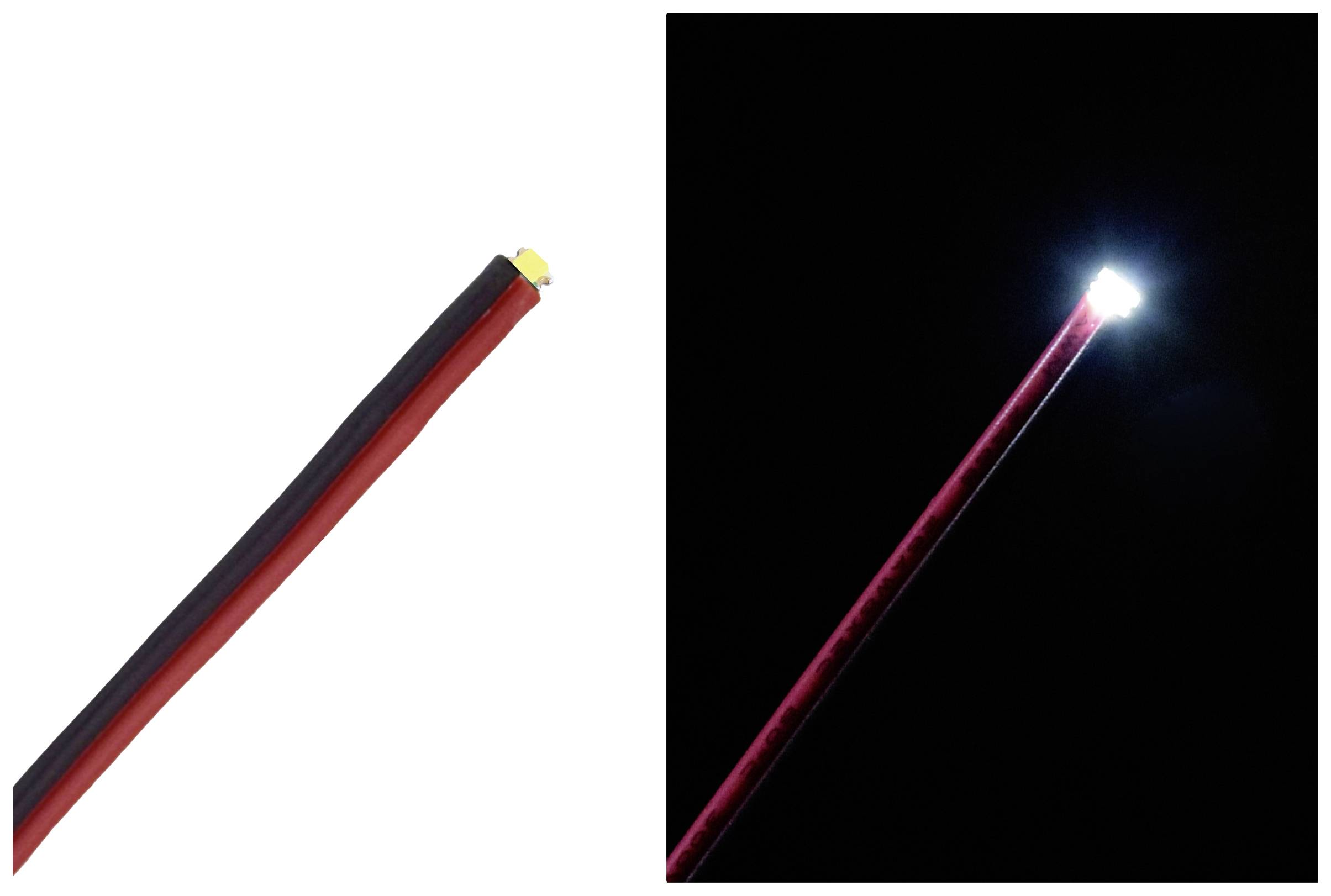 'Deux images d'un câble éclairé : à gauche sans lumière, à droite brillant dans l'obscurité. Montre les différences avant et après l'activation de la lumière.'