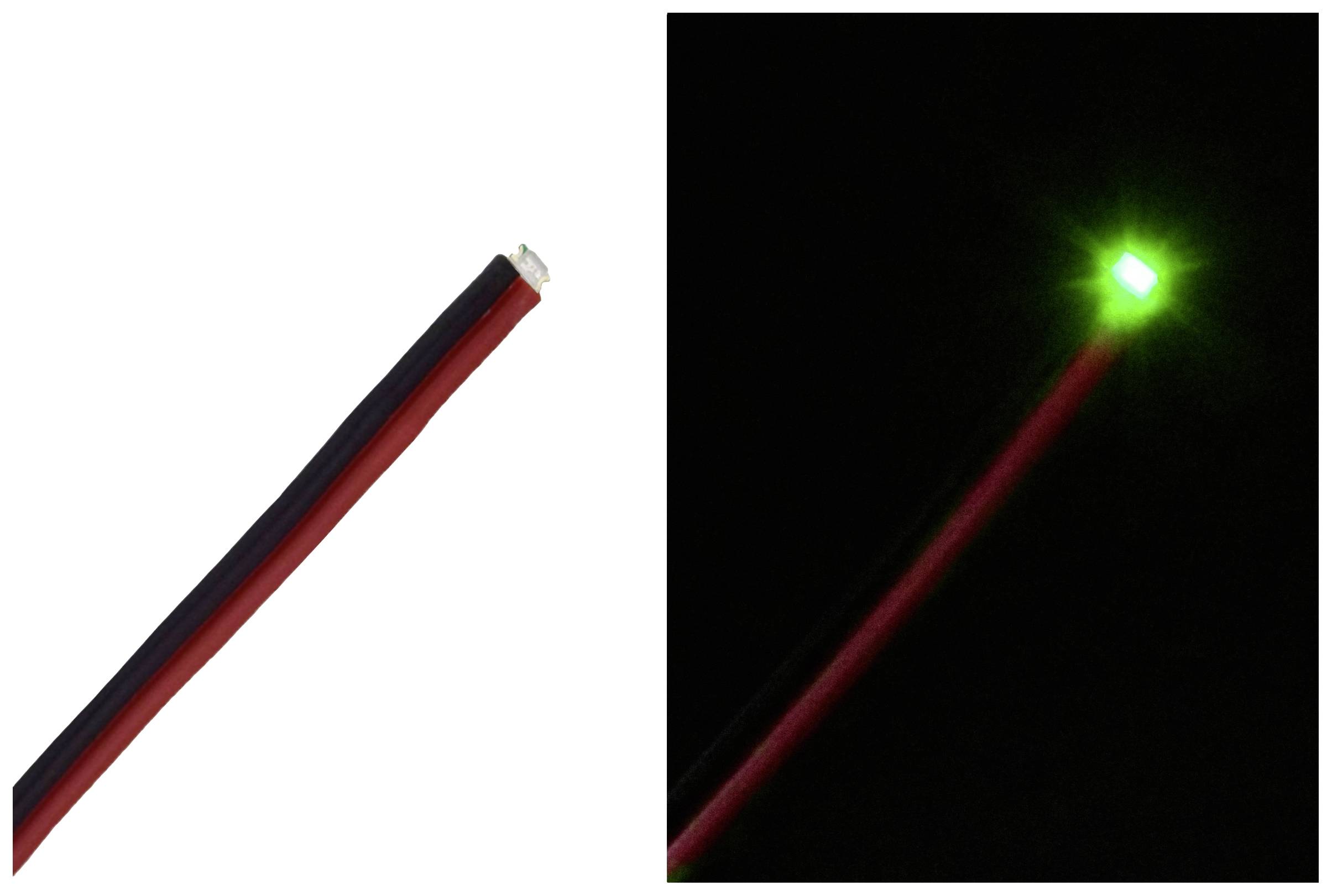 Deux images d'une LED : à gauche la LED sans éclairage, à droite le même composant avec une lumière verte brillant dans l'obscurité.