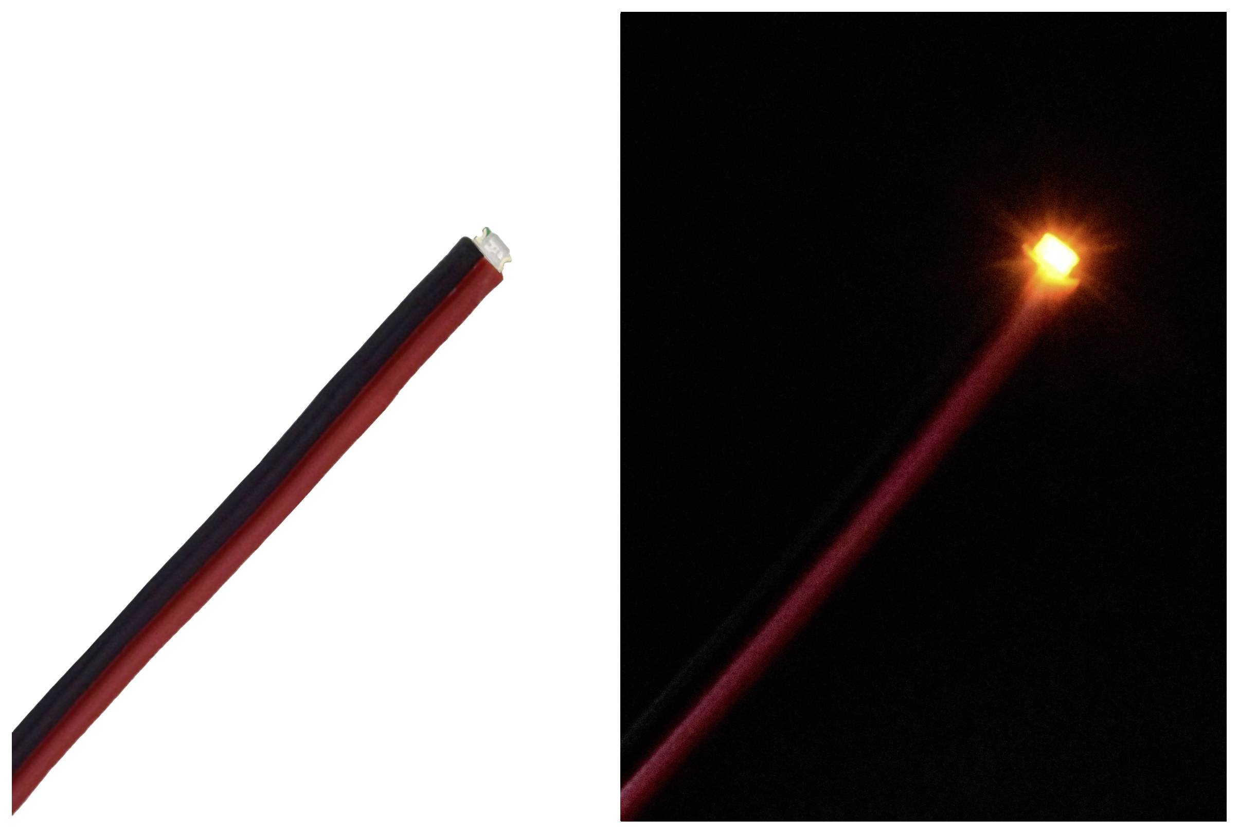 Une LED vue sous deux angles : à gauche non éclairée, à droite illuminée avec une lueur orangée dans un environnement sombre.