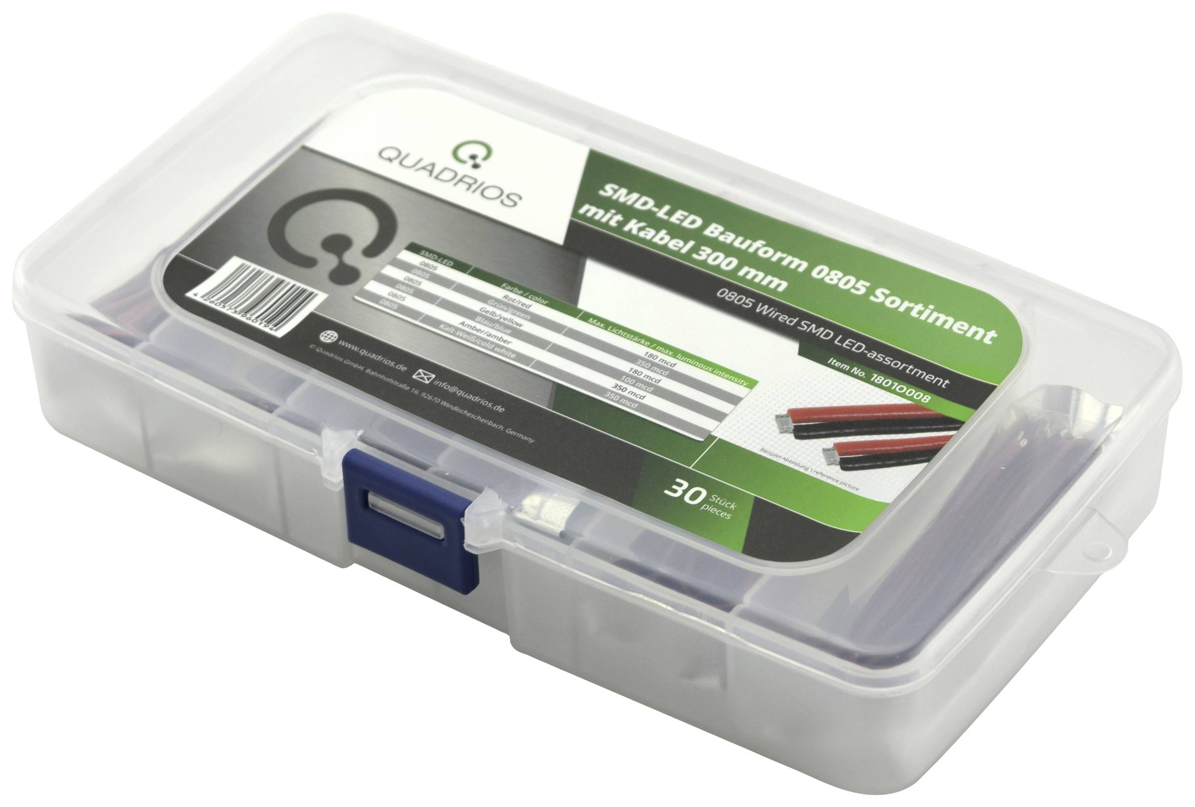 Boîte en plastique transparent contenant plusieurs composants LED. L'étiquette indique : « Assortiment de LED CMS format 0805 avec câble de 300 mm ».