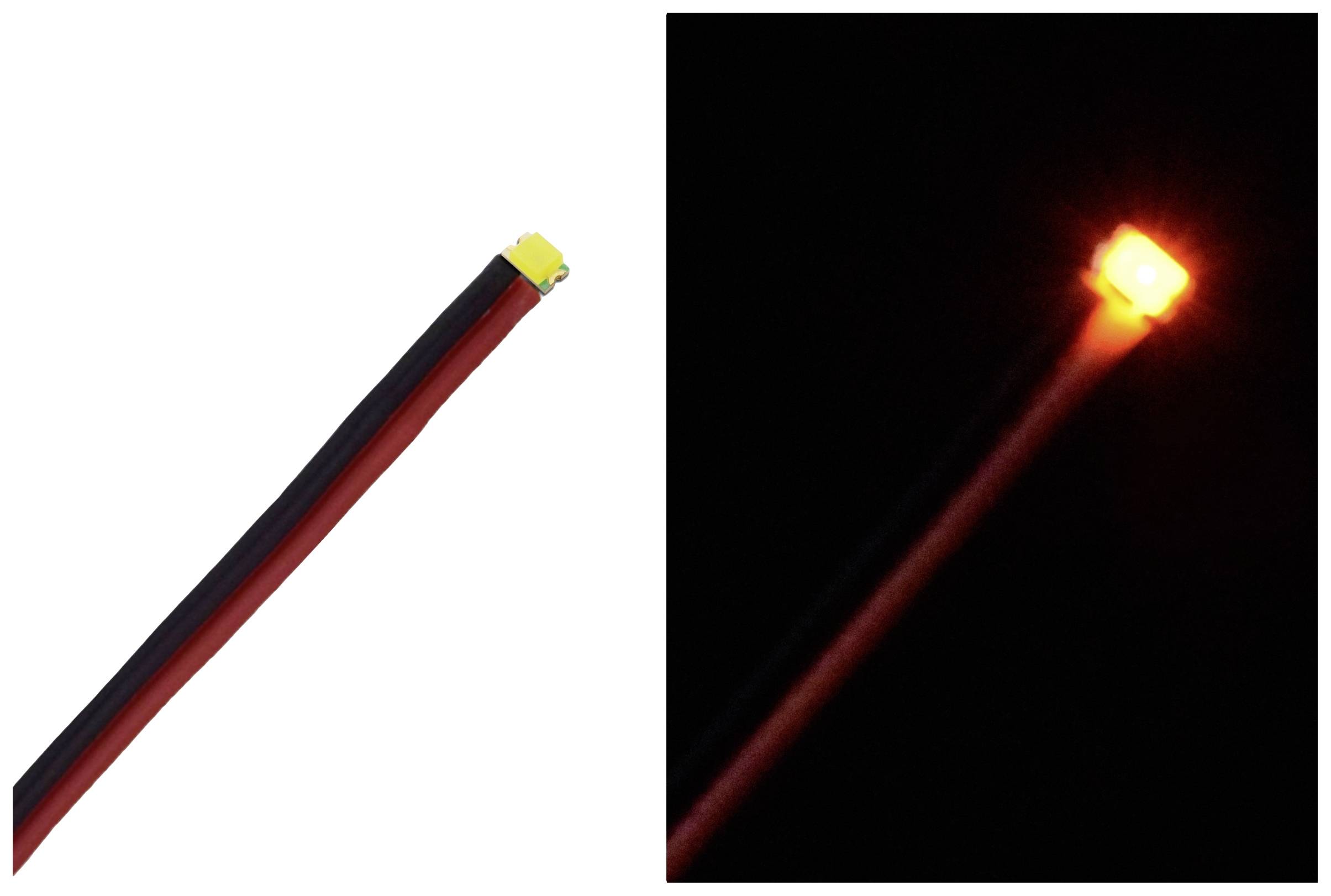 Gros plan d'une bande lumineuse à LED jaune, sombre sur l'image de gauche, s'illuminant en orange sur l'image de droite.