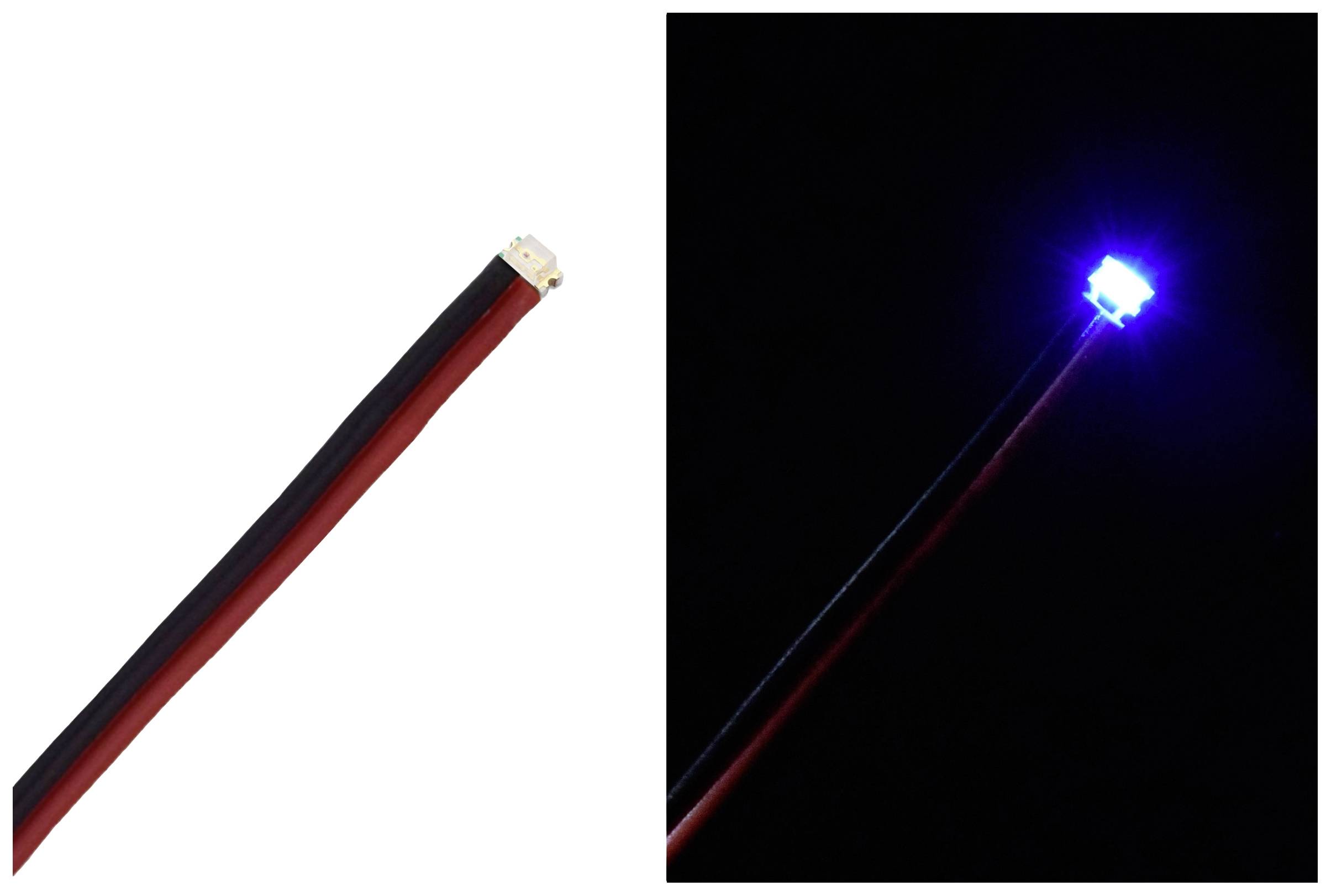 Deux images d'une lumière LED bleue : à gauche non éclairée avec un câble noir, à droite illuminée dans un environnement sombre.