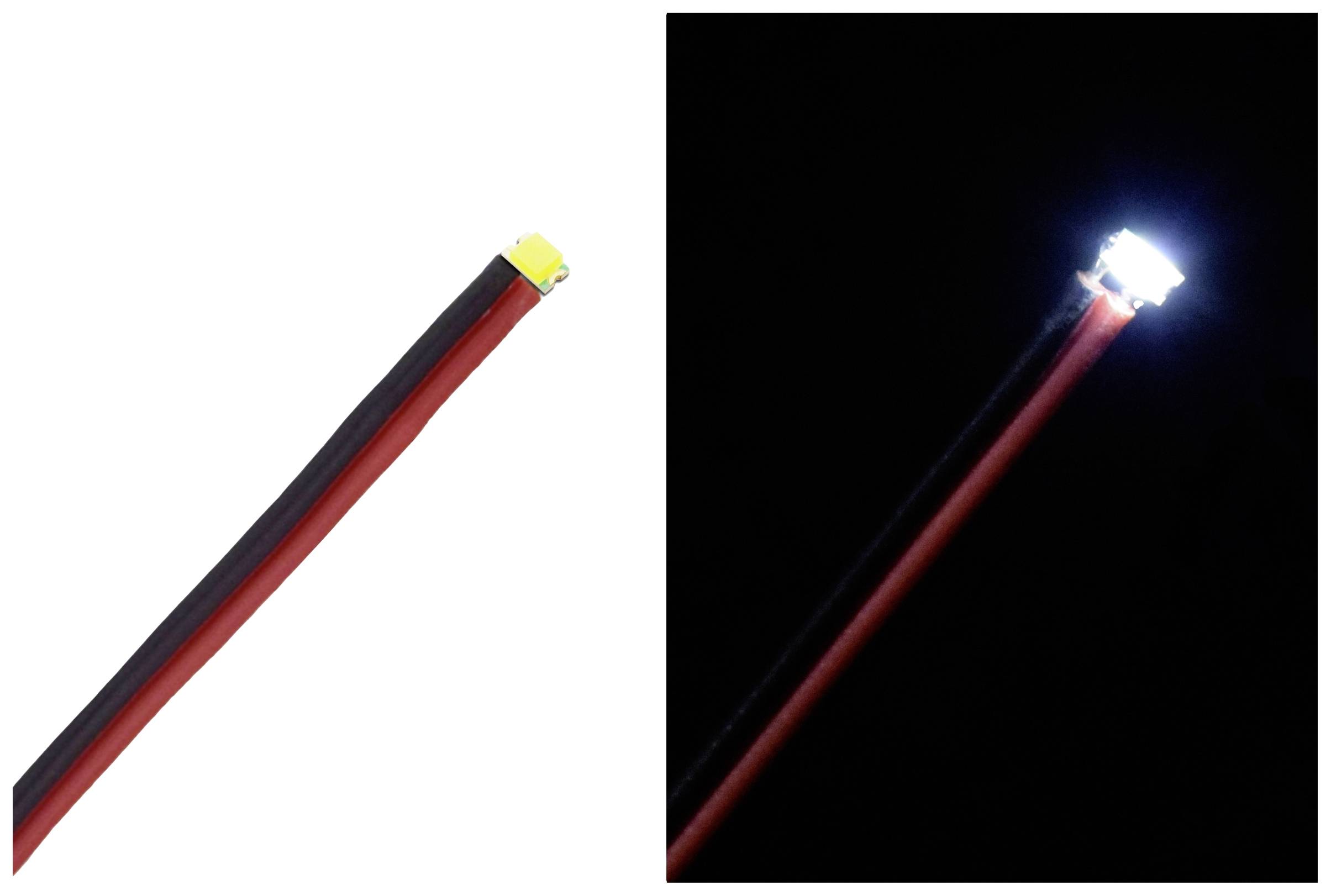 Câble de liaison avec LED jaune à gauche, LED jaune à droite allumée dans l'obscurité.