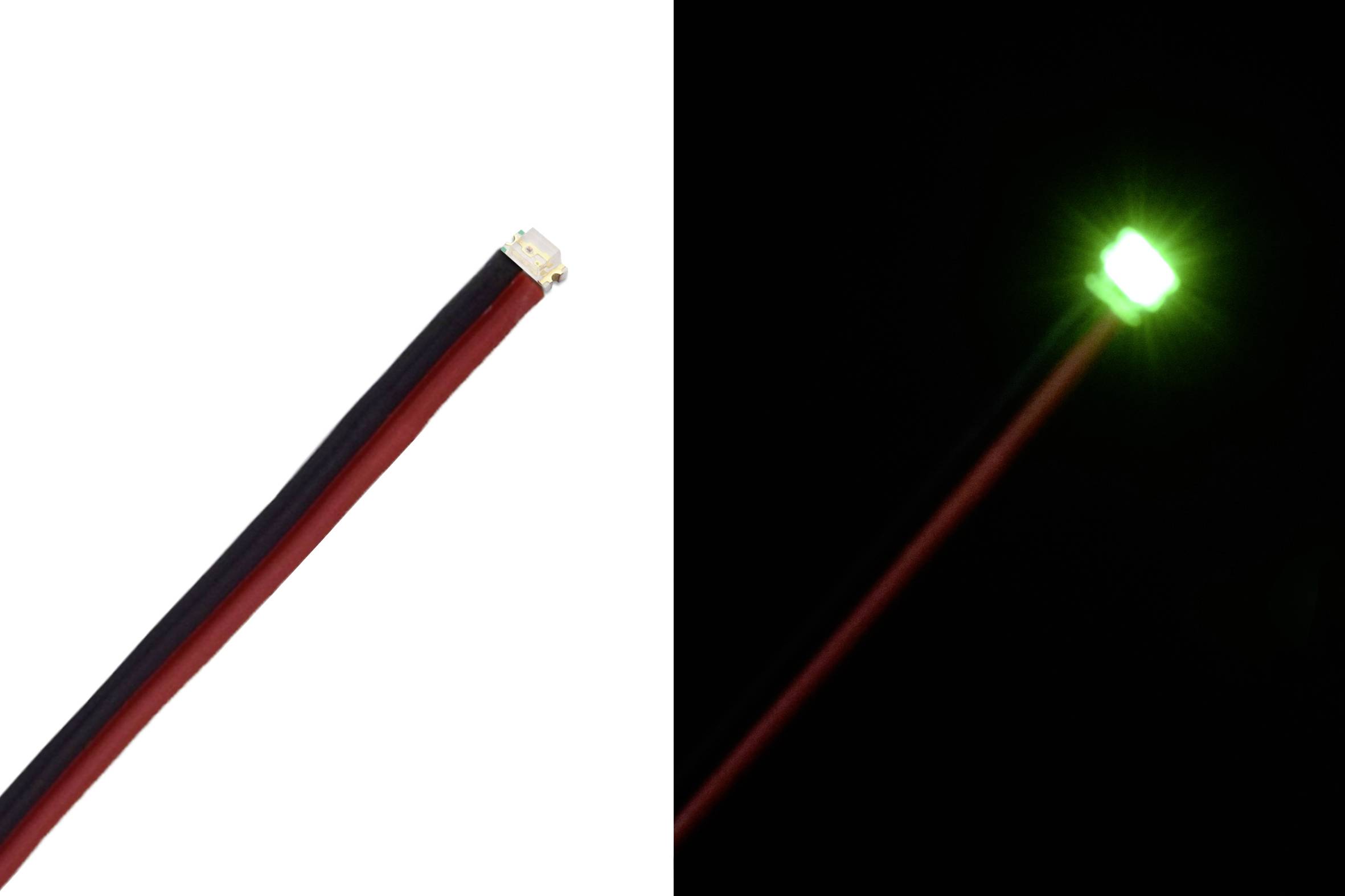 Une LED, éteinte à gauche et illuminée en vert à droite, avec un câble noir sur un fond noir.