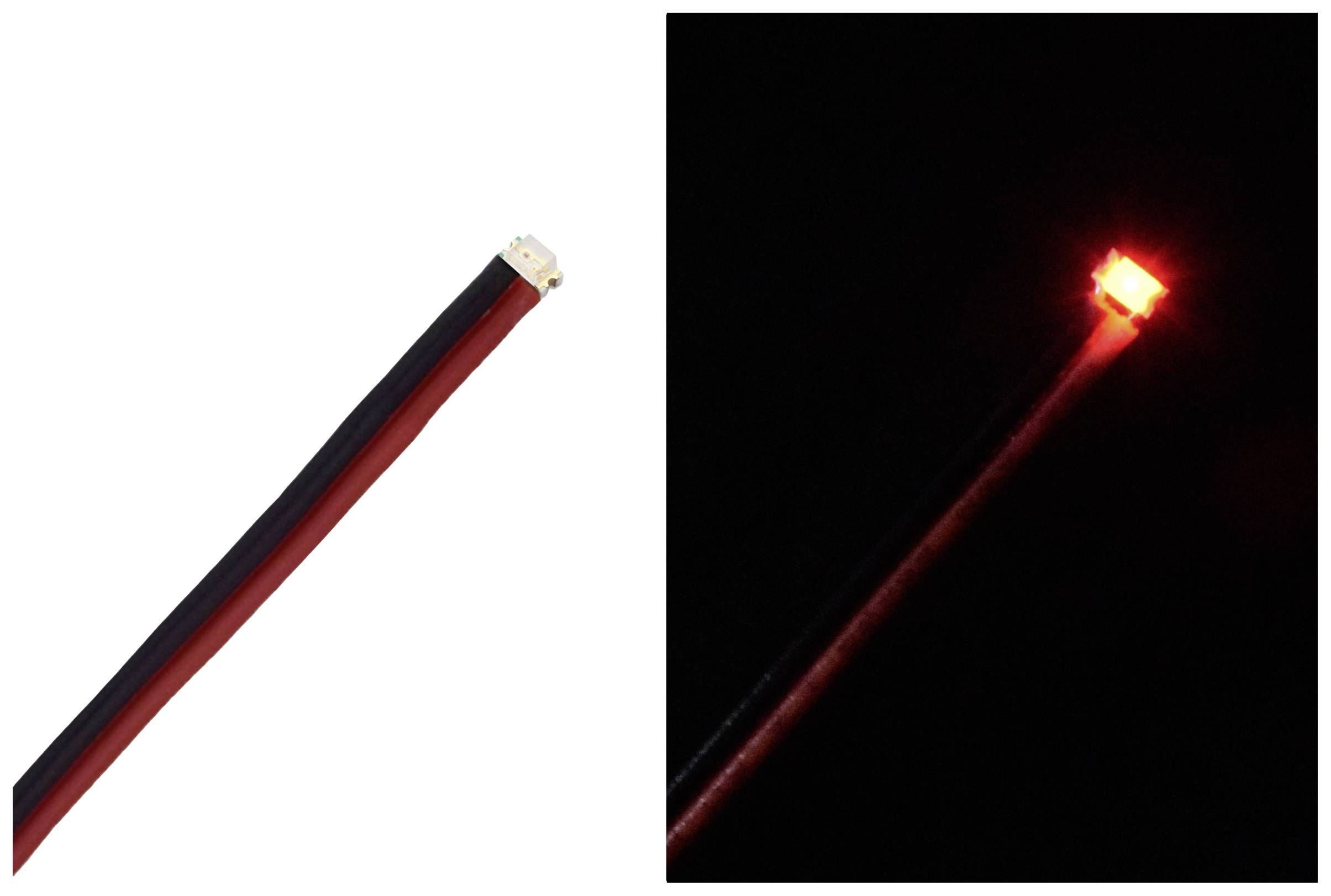 Un câble à embout LED. À gauche non éclairé, à droite lumineux en rouge. Se réfère à une technologie d'éclairage ou d'affichage.