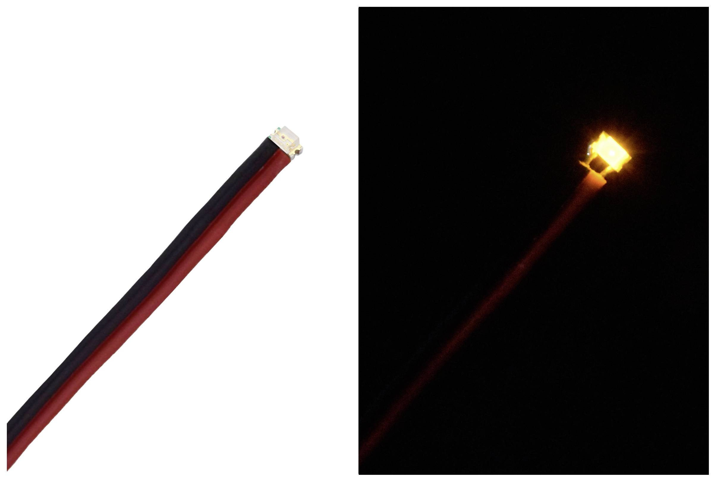 Deux vues d'une petite lampe LED : à gauche éteinte avec son fil, à droite allumée et brillante dans l'obscurité.