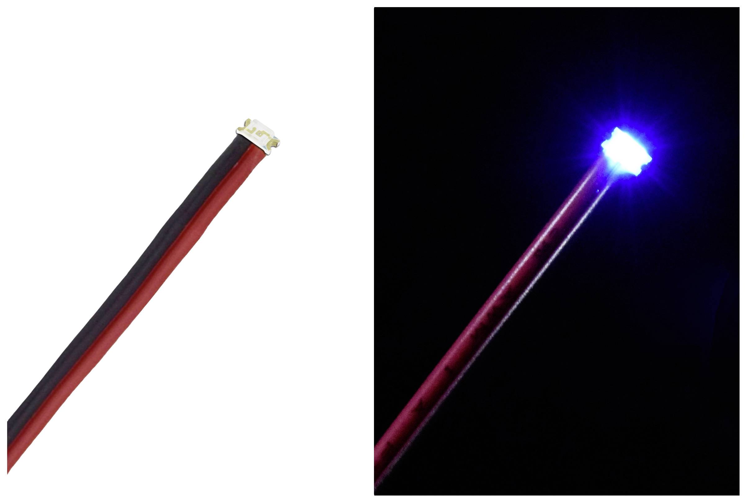 Une bande lumineuse LED, éteinte à gauche avec des câbles visibles, illuminant d'une lueur bleu clair à droite dans un environnement sombre.