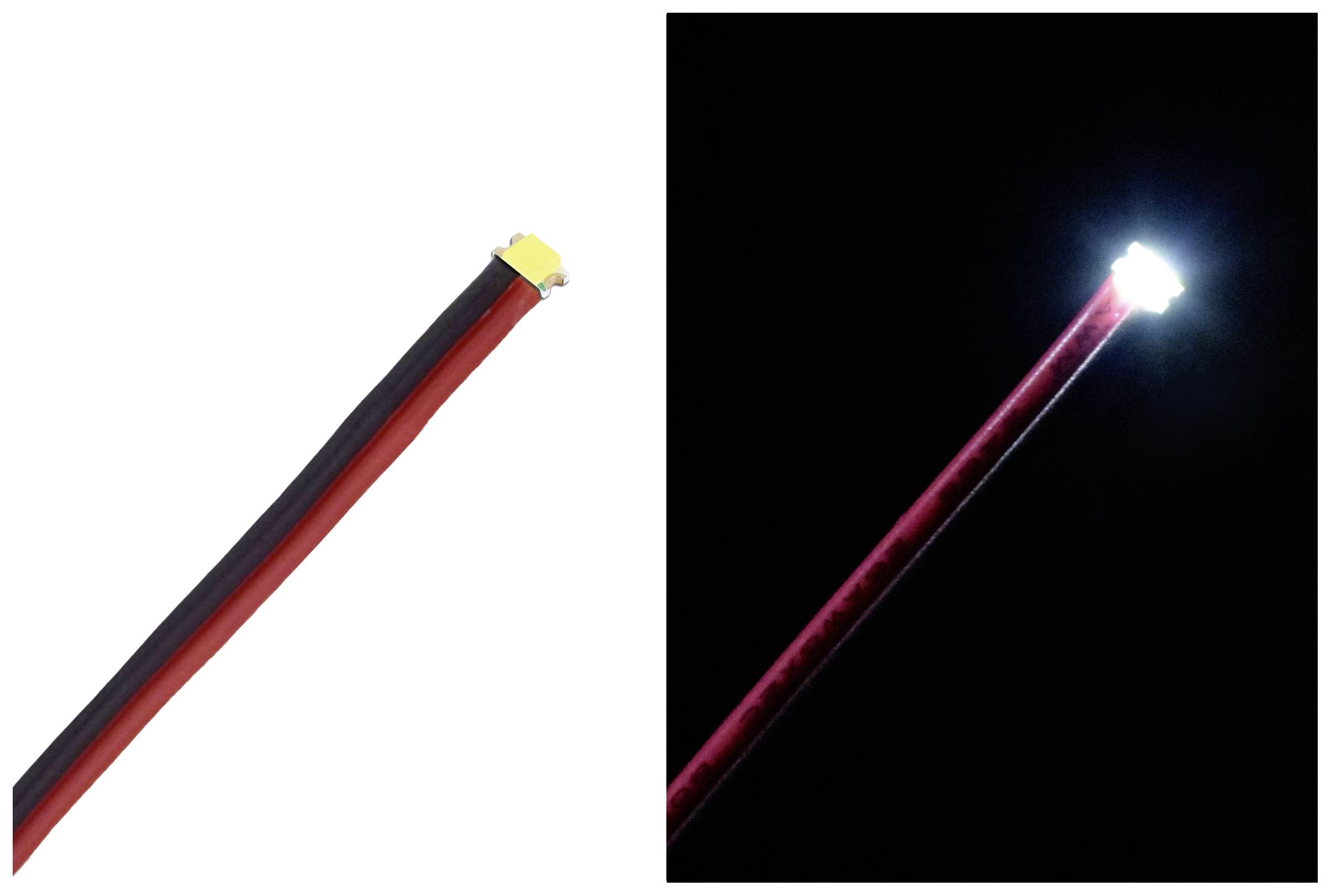Liens : Gros plan d'un ruban LED, non allumé. Droite : Le même ruban LED, allumé dans un environnement sombre.