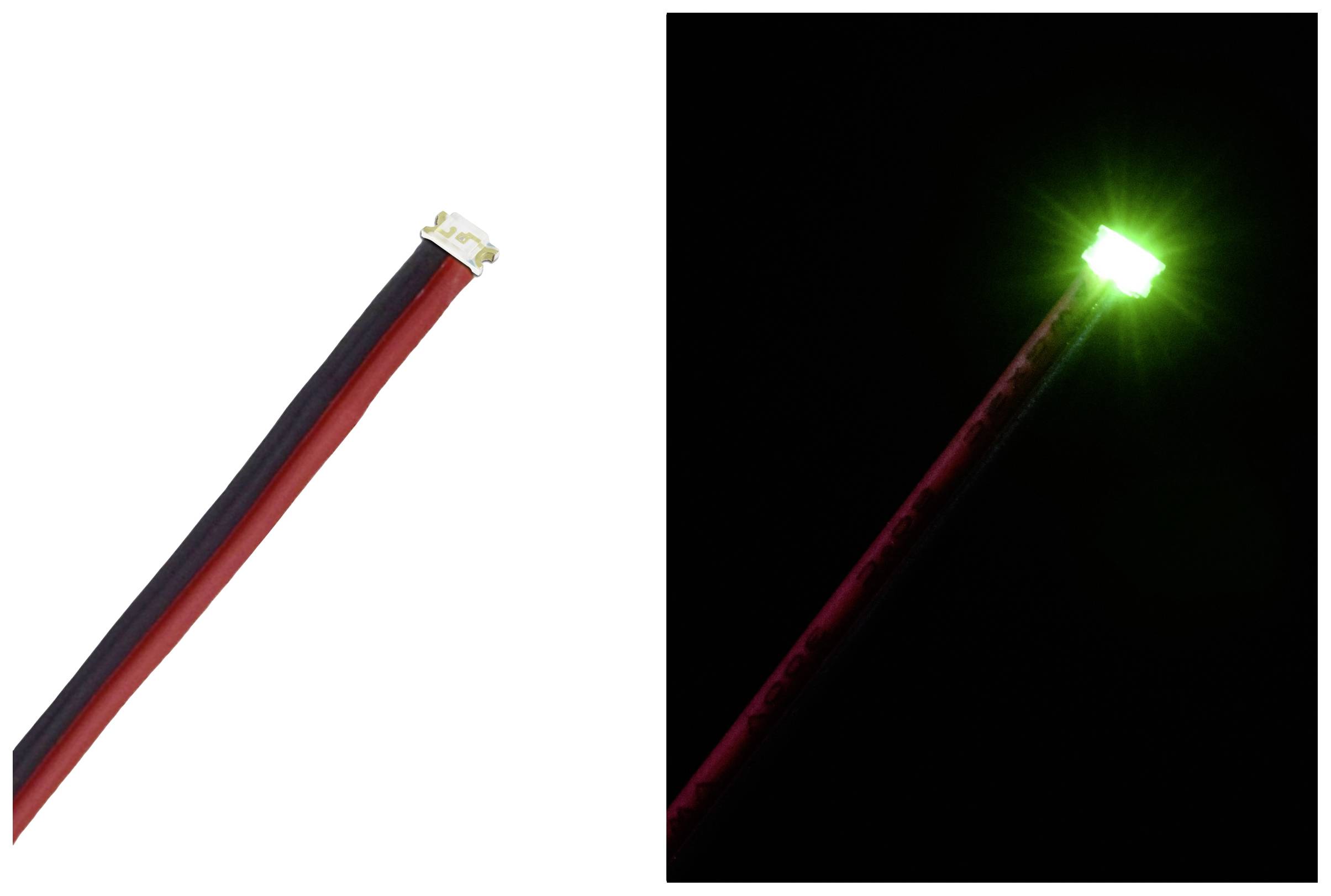 Deux images d'un câble avec lumière LED. À gauche : Extrémités du câble en rouge et noir. À droite : LED brillant en vert dans un environnement sombre.