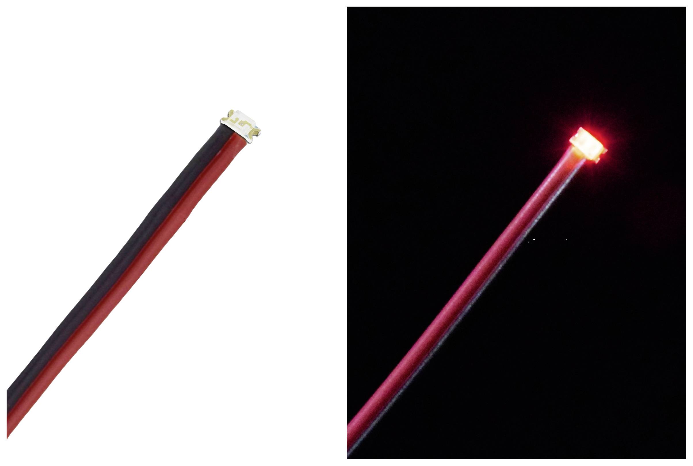 'Deux images : À gauche, un connecteur LED avec un câble noir et rouge, à droite, la même LED illuminée en rouge dans l'obscurité.'