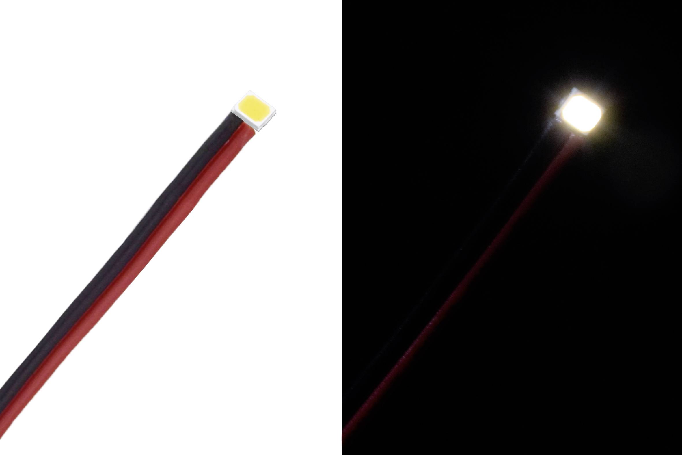 Bande lumineuse à LED : À gauche dans un état éteint, à droite illuminée avec une lumière vive lorsqu'elle est allumée.