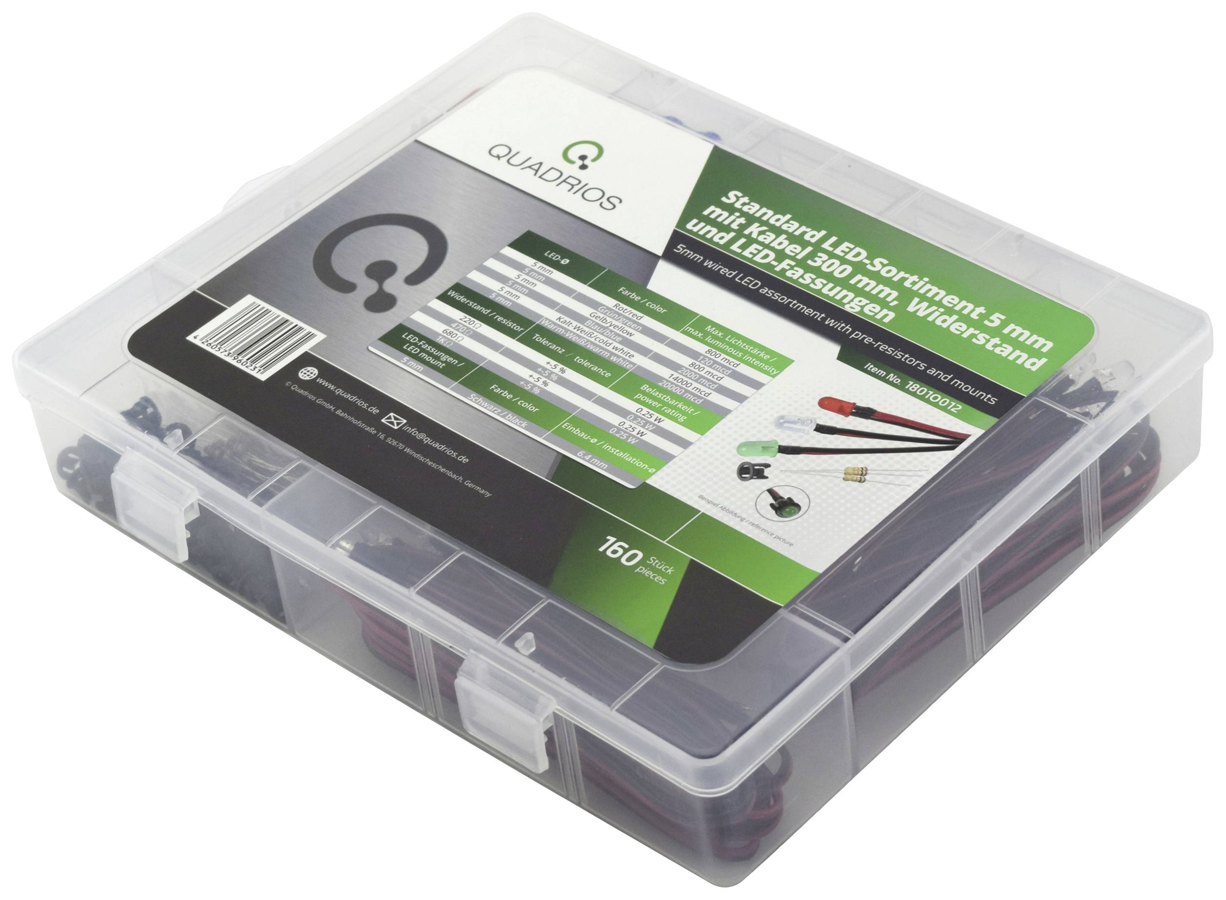 Un boîtier transparent contenant un ensemble de 160 LED standard, incluant des résistances, de différentes couleurs et tailles.