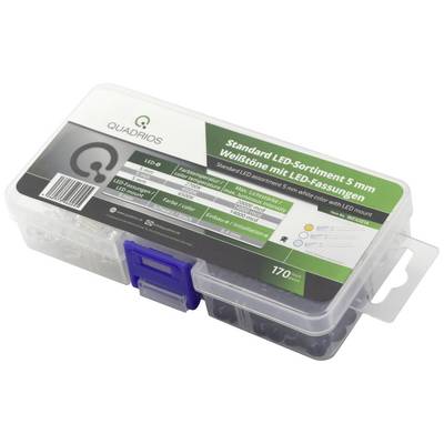 Boîte en plastique portant l'inscription « Assortiment standard de LED 5 mm Tons blancs avec supports de LED, 170 pièces ». Contient différentes LED.