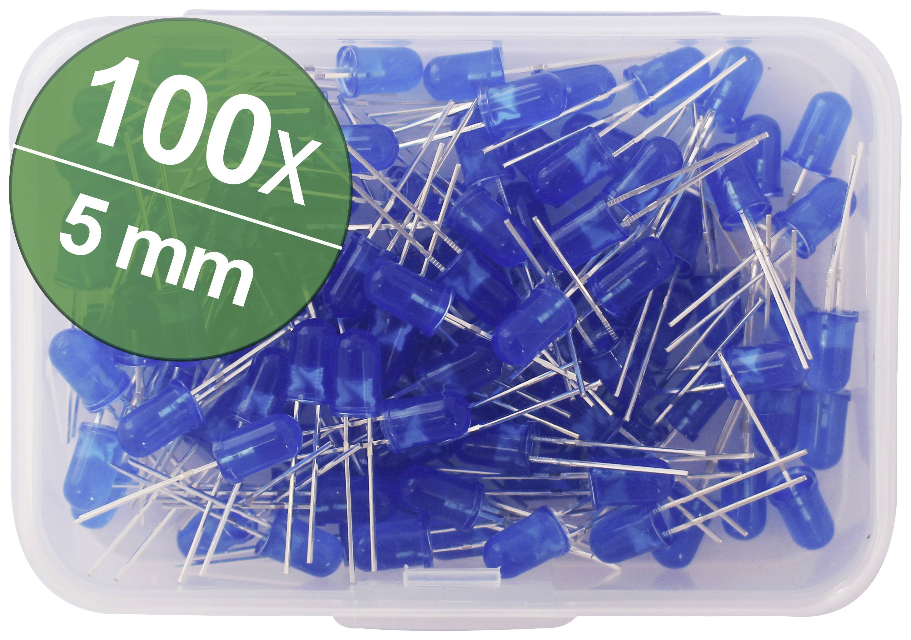 100 LED bleues, 5 mm, dans un boîtier en plastique transparent, sur lequel un cercle vert portant l'inscription '100x 5 mm' est visible.
