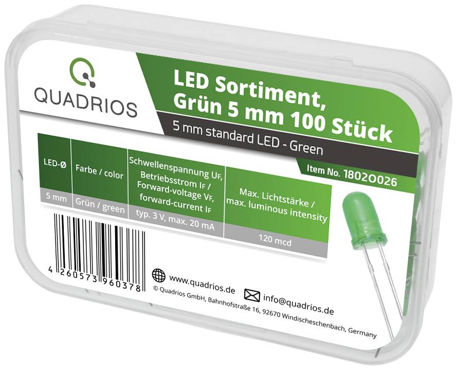 'Assortiment de LED, vert, 5 mm, 100 pièces, Quadrio, Couleur : vert, Diamètre LED 5 mm, max. 20 mA, Informations du fournisseur et site web inclus.'