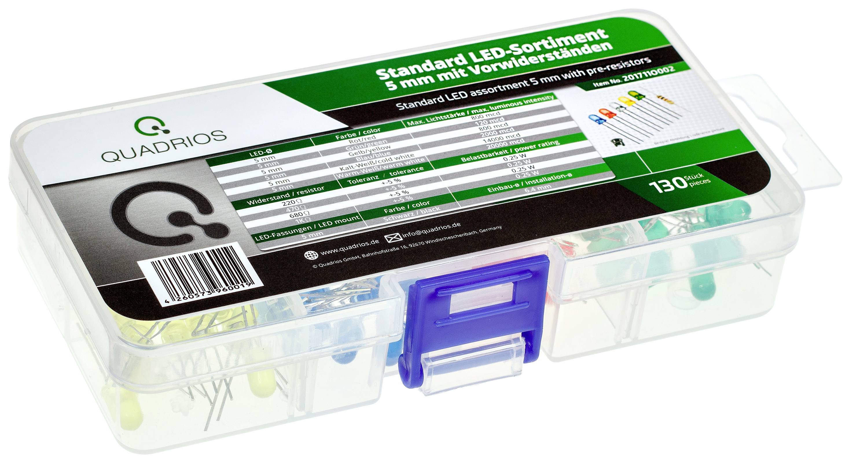 Assortiment de boîtes LED en plastique avec des LED dans différentes couleurs et tailles. Boîte carrée, étiquetée avec les détails de la marque et les spécifications.