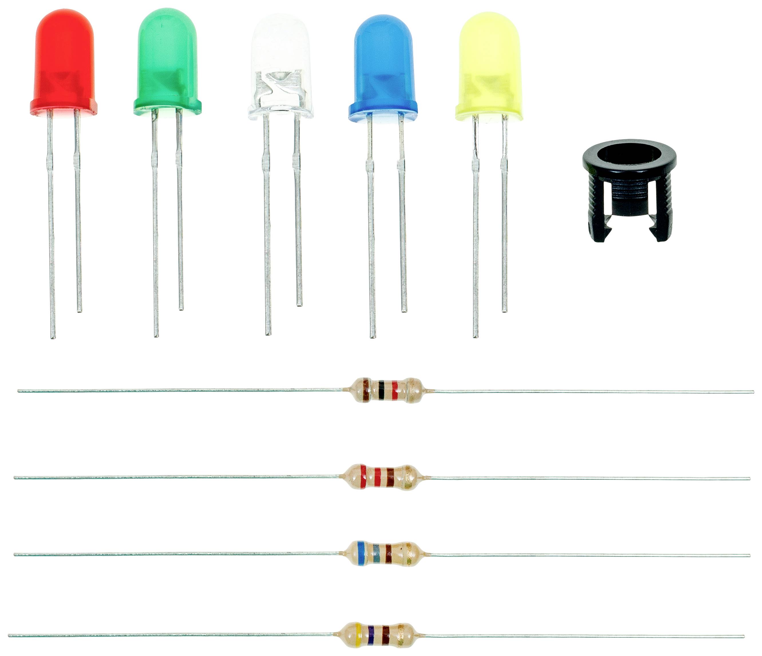 Un ensemble de différentes LED dans les couleurs rouge, vert, blanc, bleu et jaune, ainsi que cinq résistances, indiquées par des codes couleur.