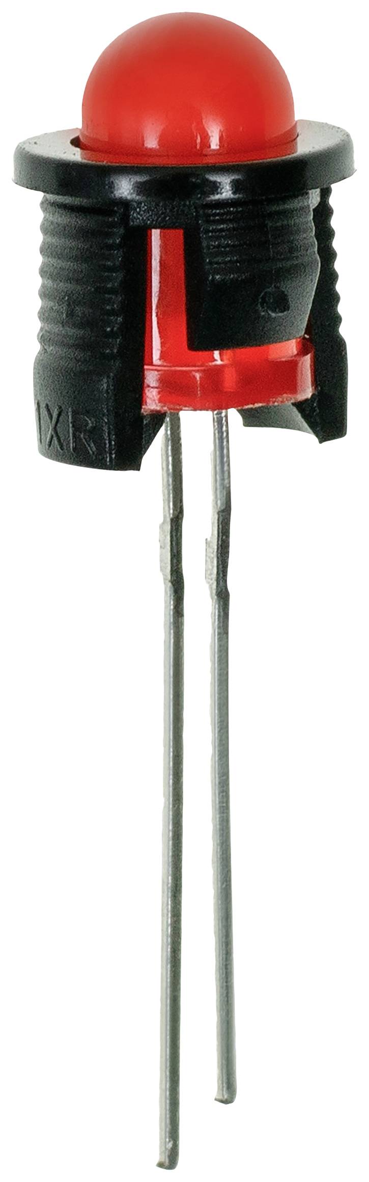 Une diode électroluminescente (LED) rouge avec un boîtier noir et deux bornes métalliques, adaptée aux applications électroniques.