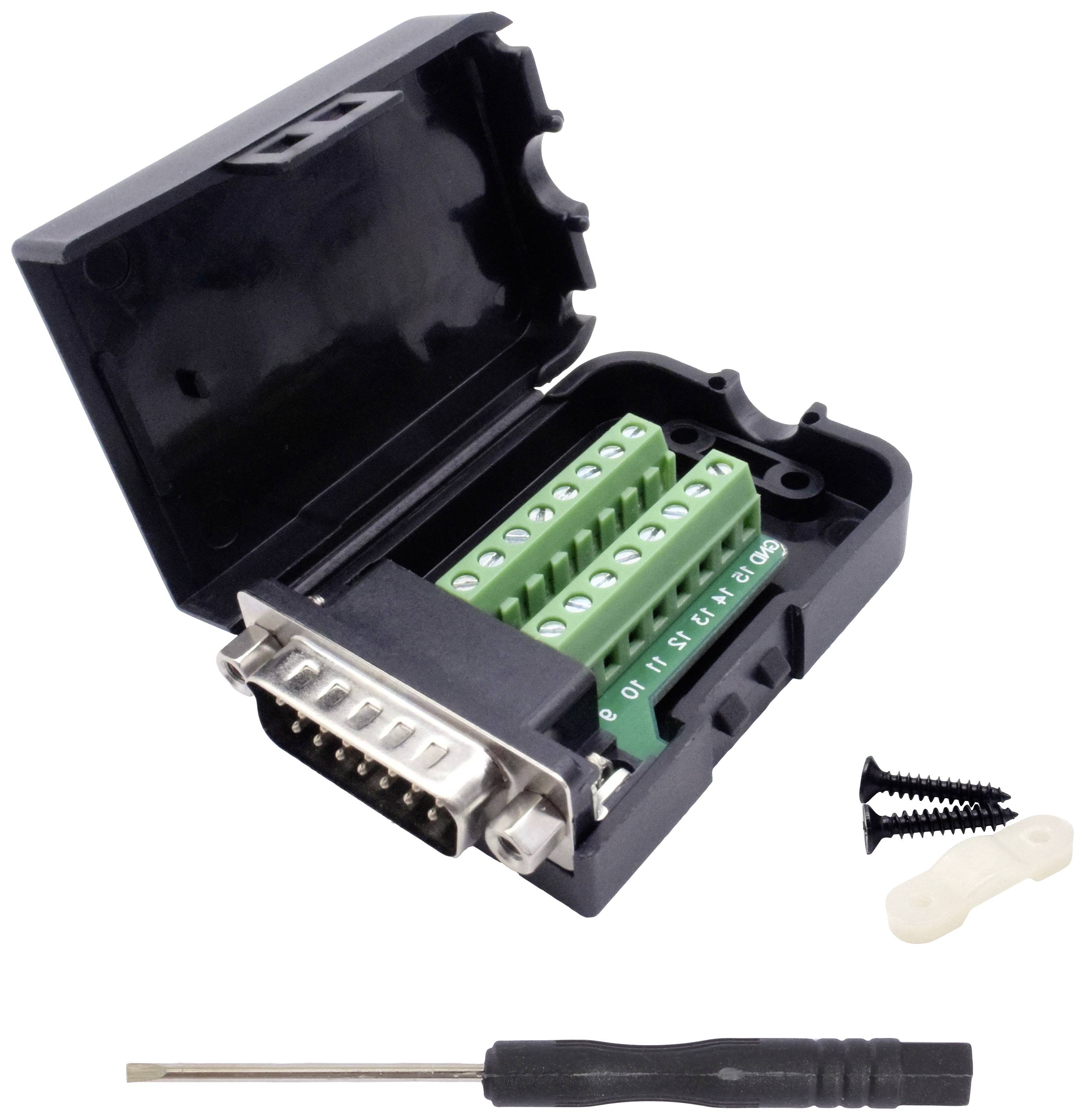 Boîtier de connecteur DB9 ouvert, montrant des connexions vertes avec des étiquettes. Sont joints un petit tournevis, deux vis et un serre-câble.