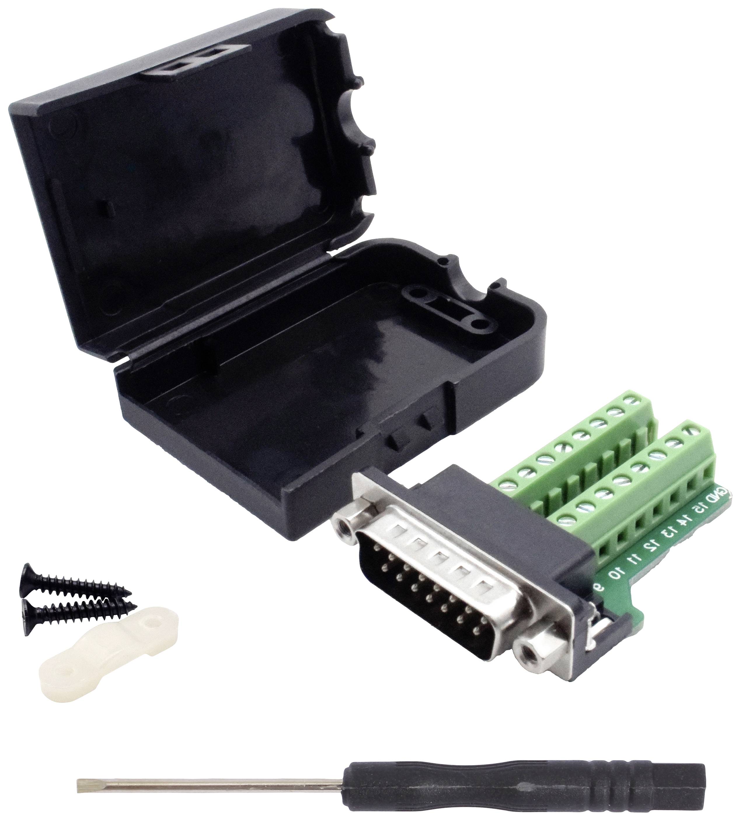 Kit de connecteur DB9 avec boîtier noir, bornes à vis vertes, vis et tournevis, adapté aux connexions de câbles.