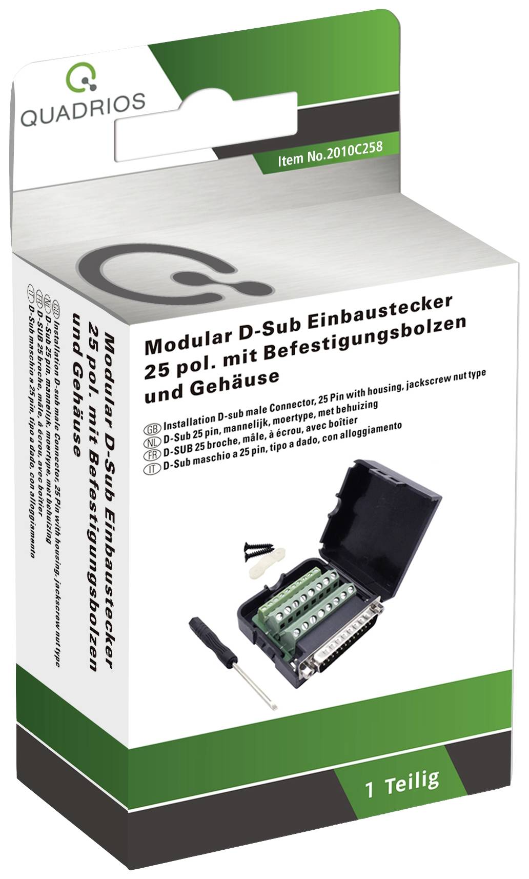 'Connecteur D-Sub modulaire femelle 25 broches à montage avec vis de fixation et boîtier.' Emballage avec image du connecteur et des accessoires.