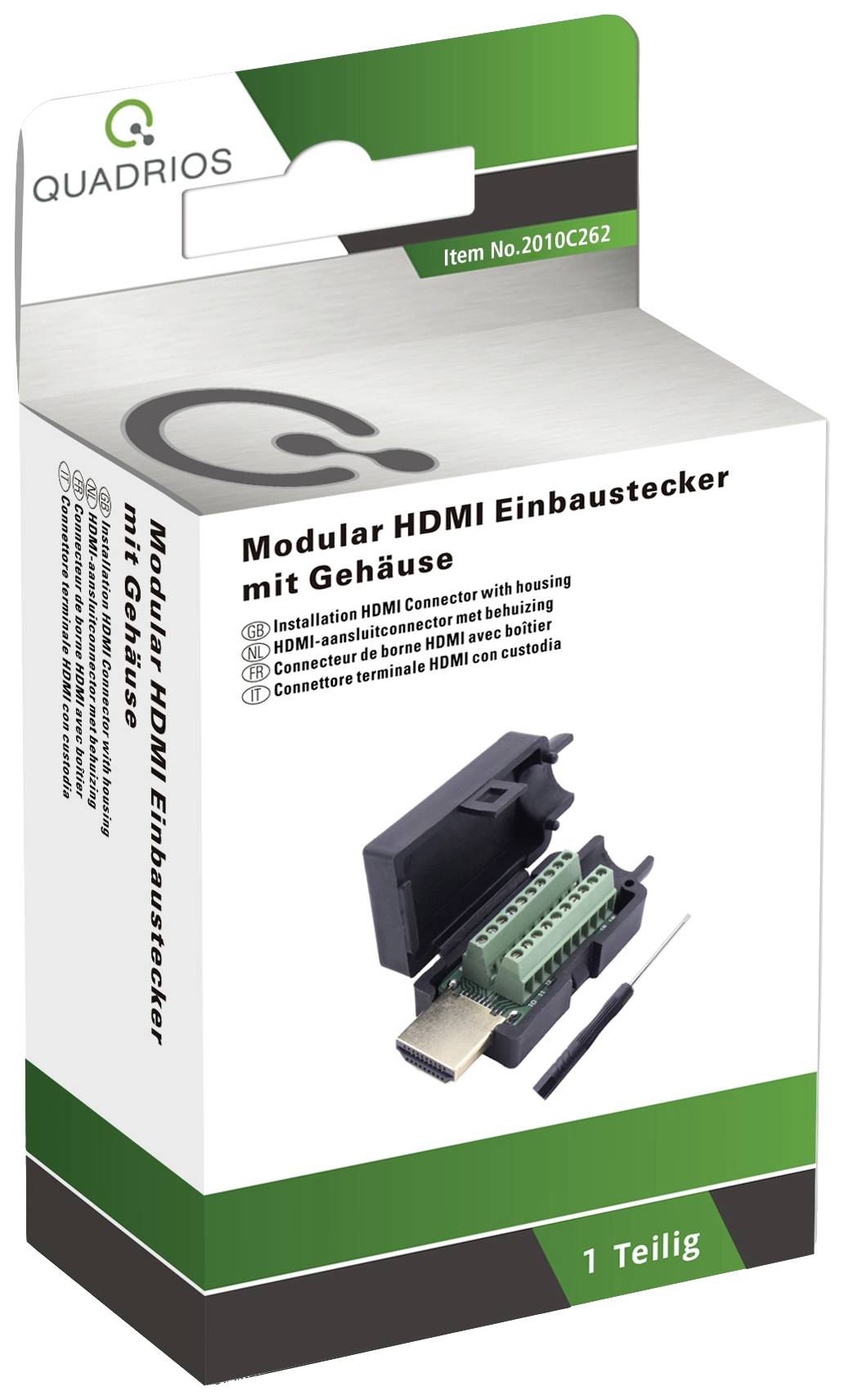 Emballage de prise HDMI modulaire avec boîtier, présentant une fiche HDMI avec un boîtier de connexion vert et un tournevis.