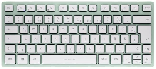 Un clavier d'ordinateur vert clair avec la disposition allemande, comprenant des lettres, des chiffres et des rangées de touches de fonction.