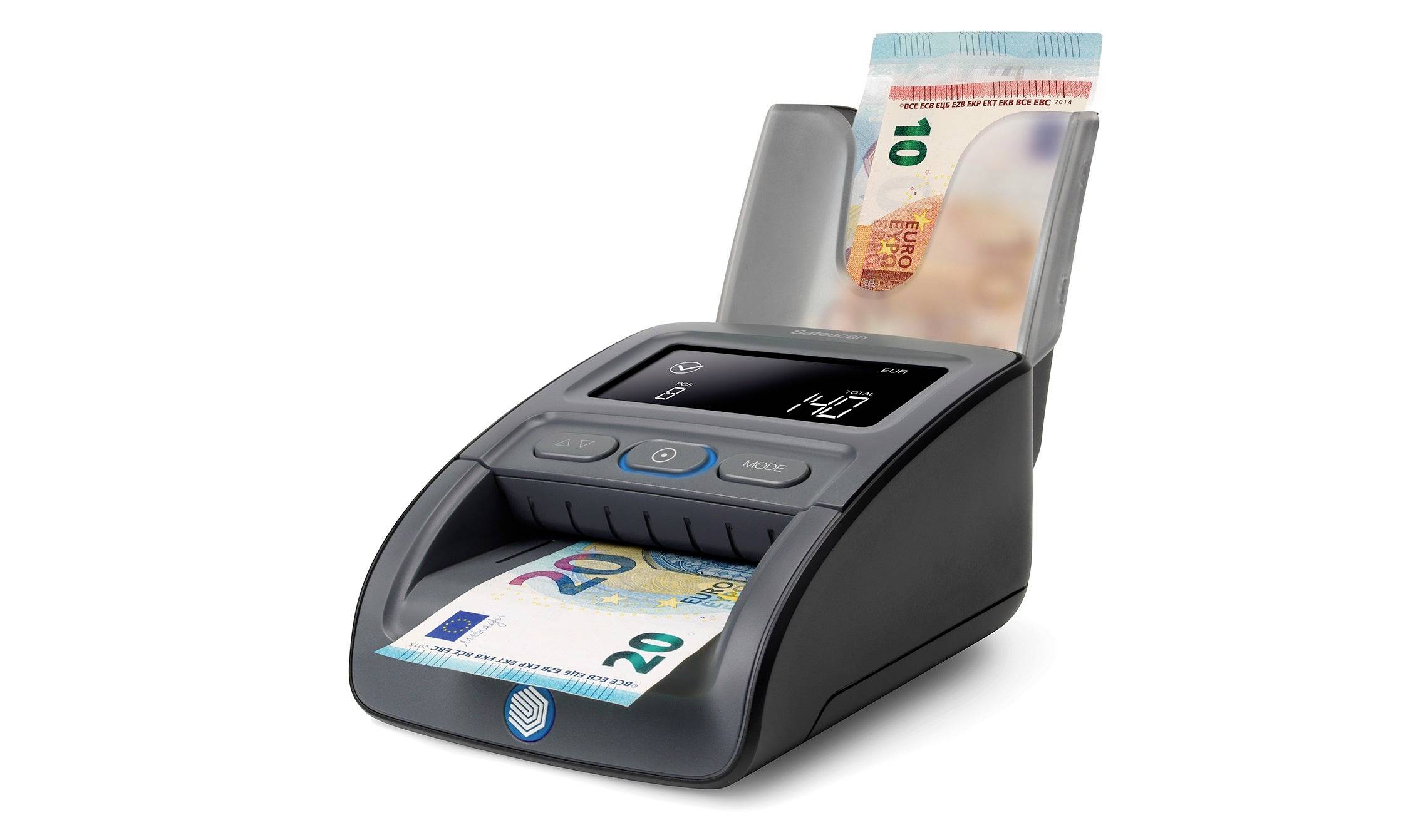 Un dispositif de détection de faux billets qui analyse un billet de vingt euros et un billet de dix euros.