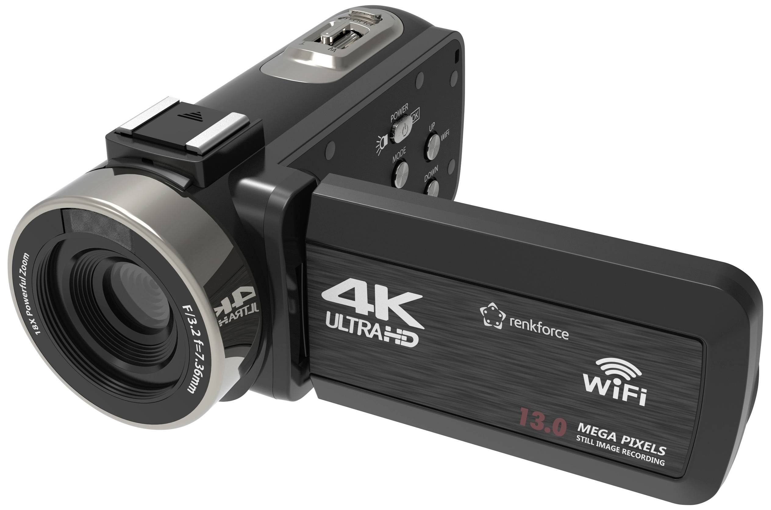 Caméscope 4K Ultra HD avec WiFi et capteur de 13 mégapixels, nom de marque sur le côté. Idéal pour des enregistrements vidéo haute résolution.