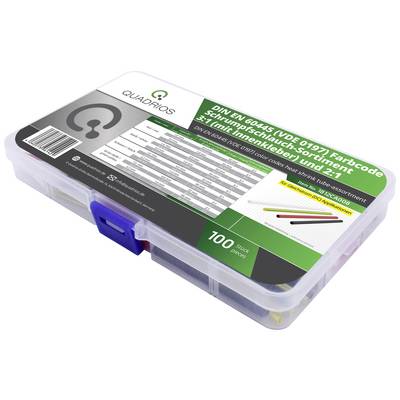Une boîte transparente contenant des gaines thermorétractables de différentes couleurs, avec une étiquette en haut indiquant les détails des normes DIN EN 60445, lot de 100 pièces.
