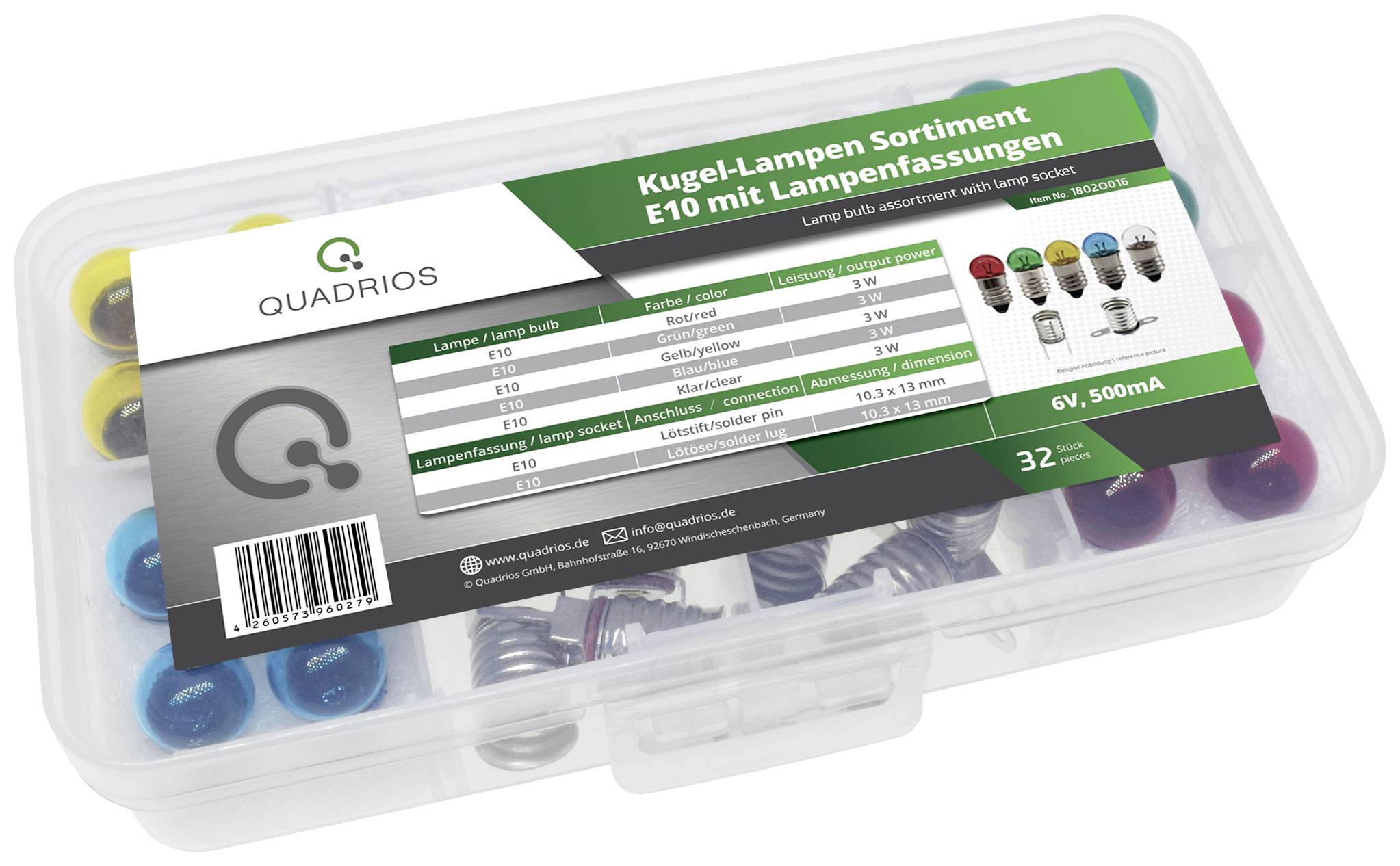 Boîte en plastique contenant un 'Assortiment d'ampoules à culot E10 avec supports', comprenant des ampoules à incandescence colorées. Marque : Quadrios. 32 pièces, 6V, 500mA.