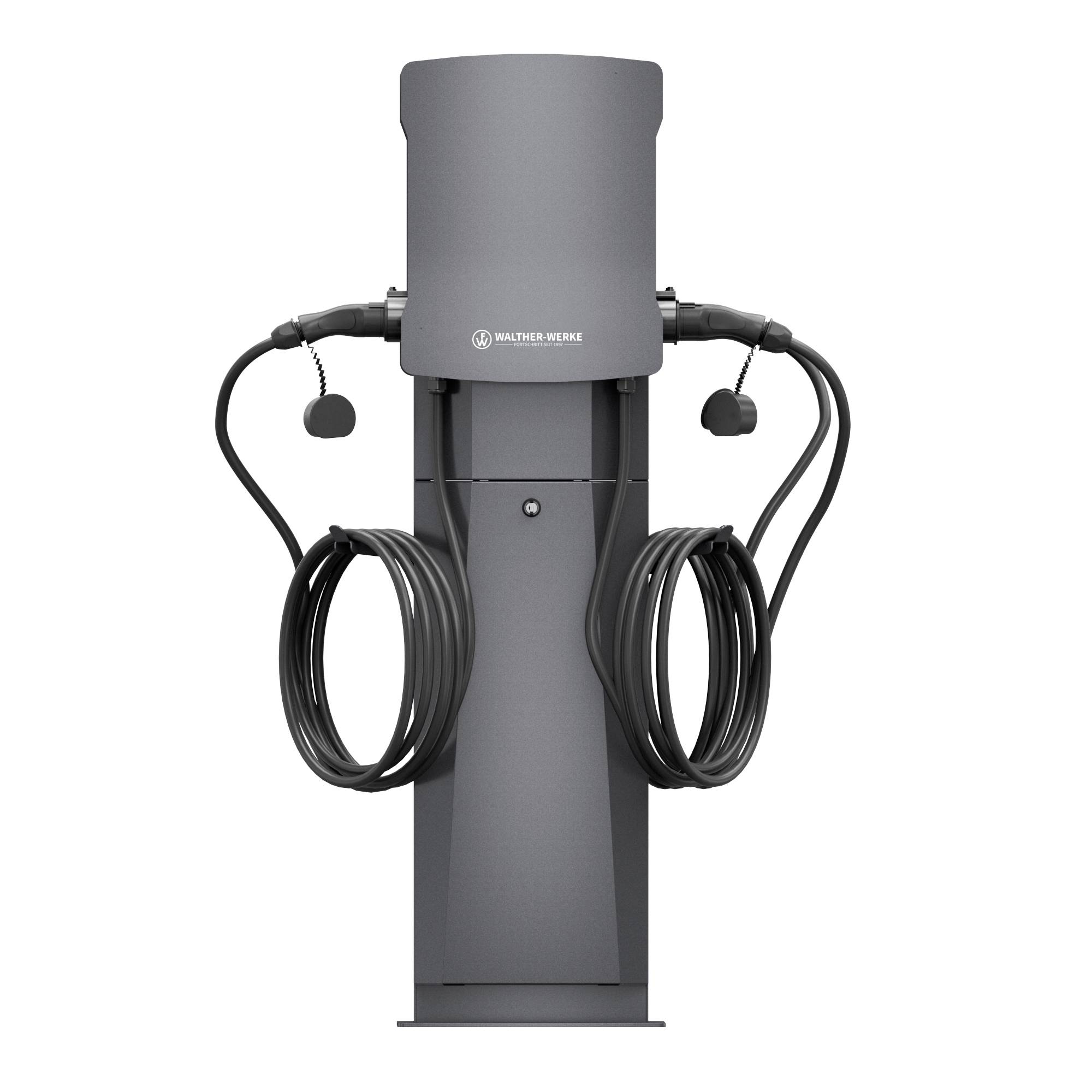 Une borne de recharge électrique grise avec deux prises et câbles, adaptée pour charger simultanément des véhicules électriques.