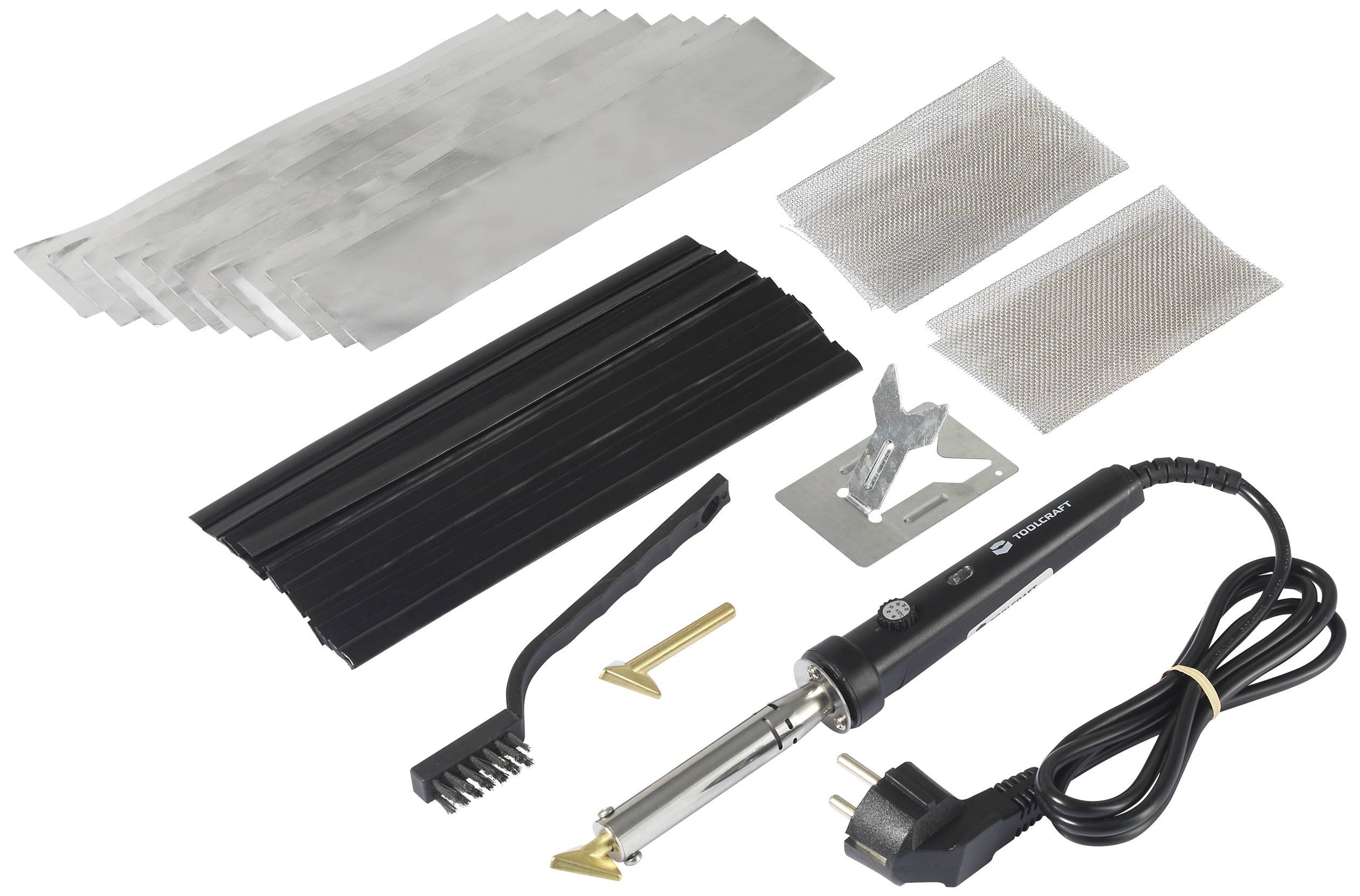 Ensemble de fer à souder comprenant un fer à souder, des écrans thermiques, des gaines thermorétractables, une brosse de nettoyage et une fiche secteur.