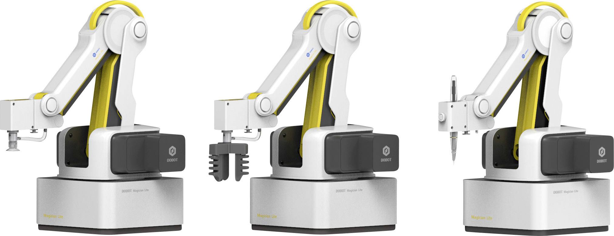 Trois bras robotiques côte à côte, chacun équipé d'un outil différent : pince de préhension, ventouse et tournevis.
