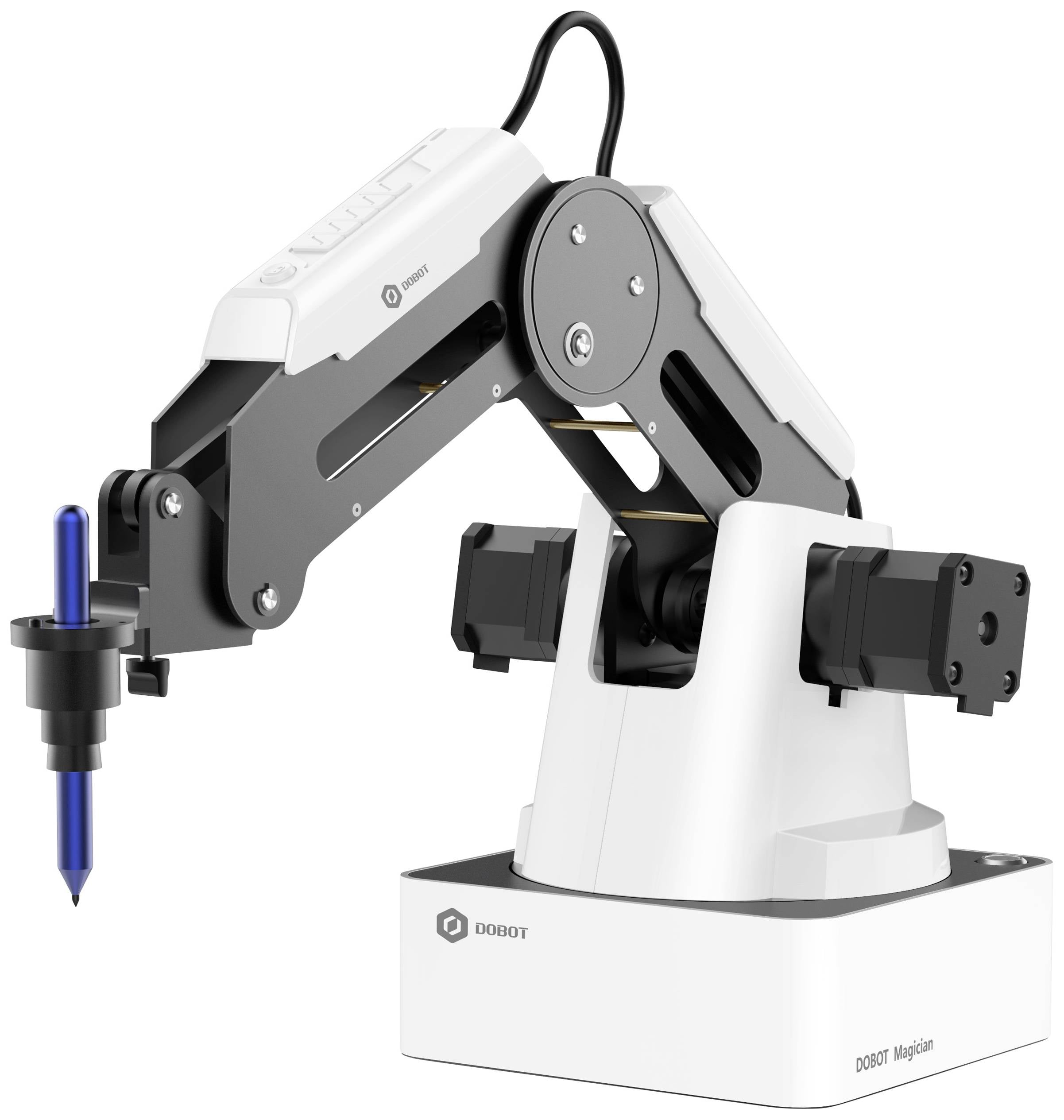Un bras de robot industriel blanc avec un système d'articulation noir et une pointe de stylo bleue, monté sur une base carrée.