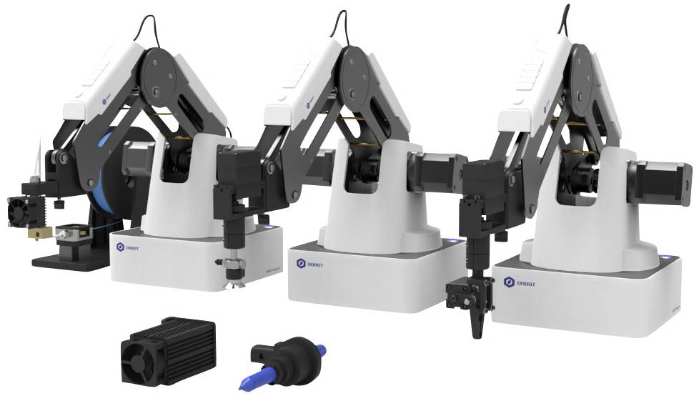 Trois bras robotiques alignés, chacun équipé d'outils différents. En bas de l'image, deux adaptateurs d'outils séparés.