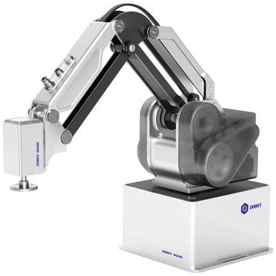 Un bras robotique argenté avec un articulation et une base noirs, marqué 'DOBOT', est prêt pour des applications industrielles précises.
