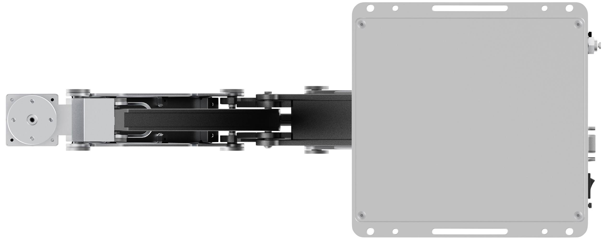 Appareil industriel avec un long bras rectangulaire et une base carrée, vue de dessus. Utilisé dans les processus de fabrication mécaniques.