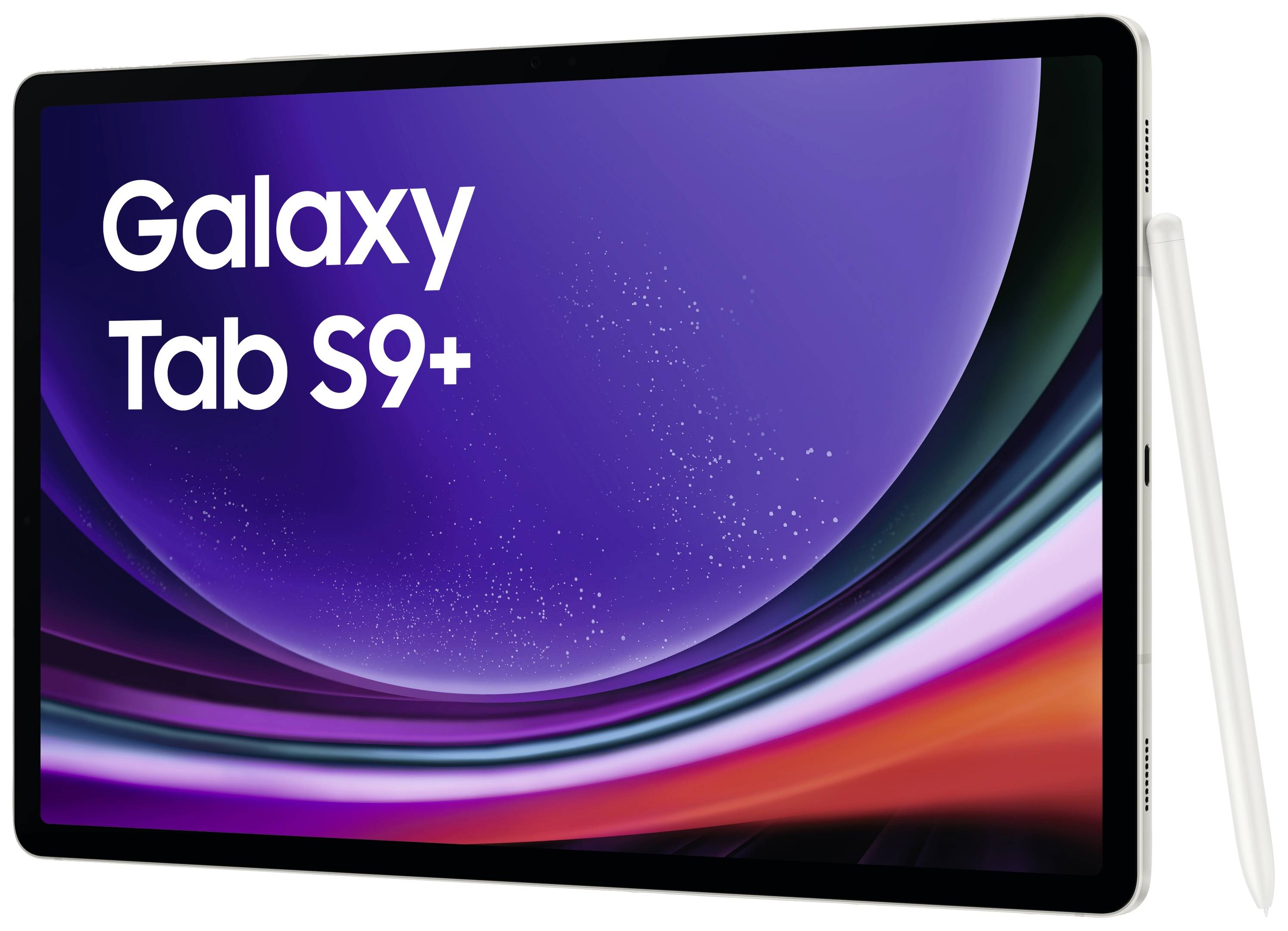 Une grande tablette affichant l'inscription 'Galaxy Tab S9+' sur l'écran, dans un affichage dynamique, coloré et abstrait.