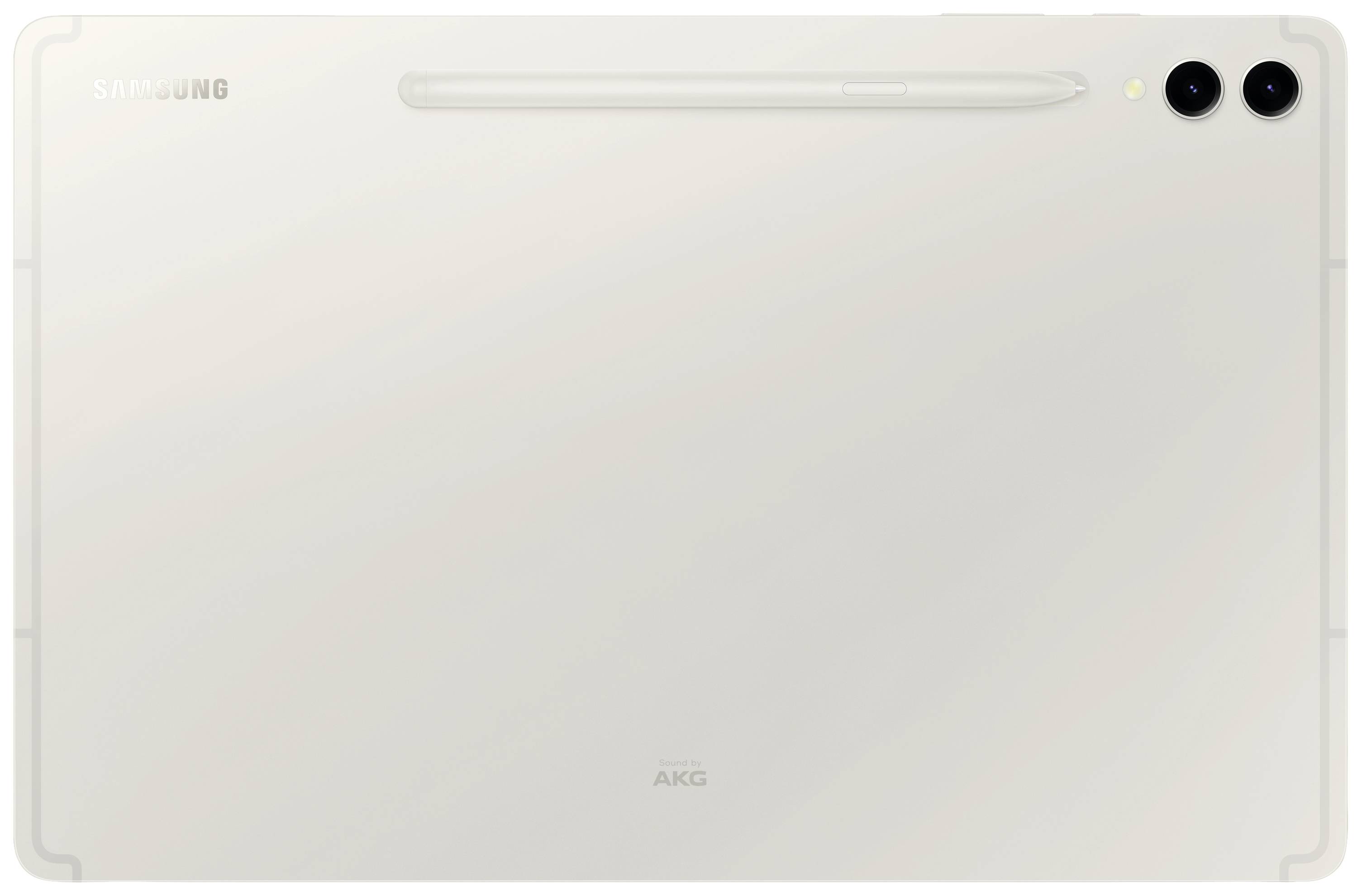 Le dos d'une tablette blanche avec deux caméras en haut à droite et un stylet placé au centre. En haut est inscrit 'Samsung'.
