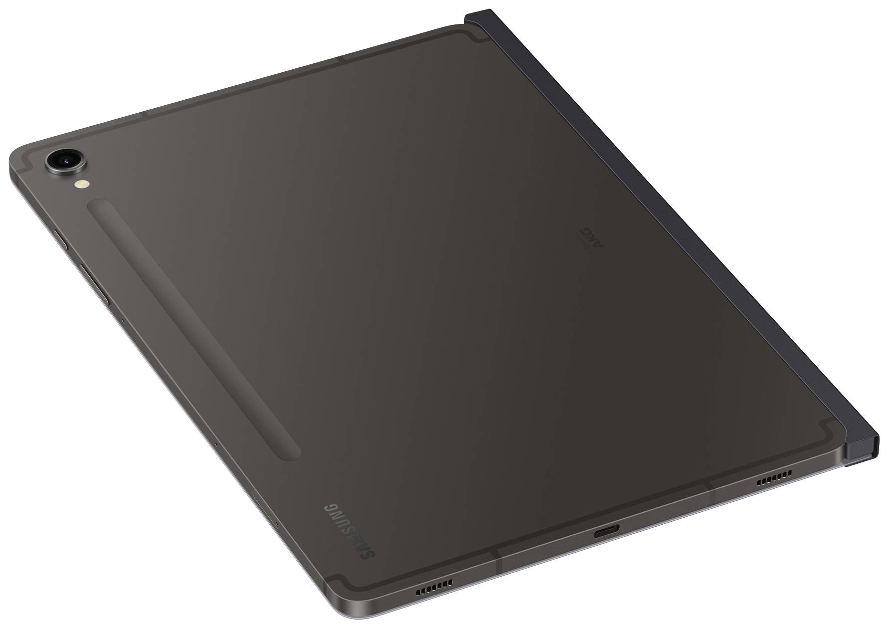 Une tablette noire vue de dos, posée à plat, avec un appareil photo dans le coin supérieur gauche et un large bord sur le côté.
