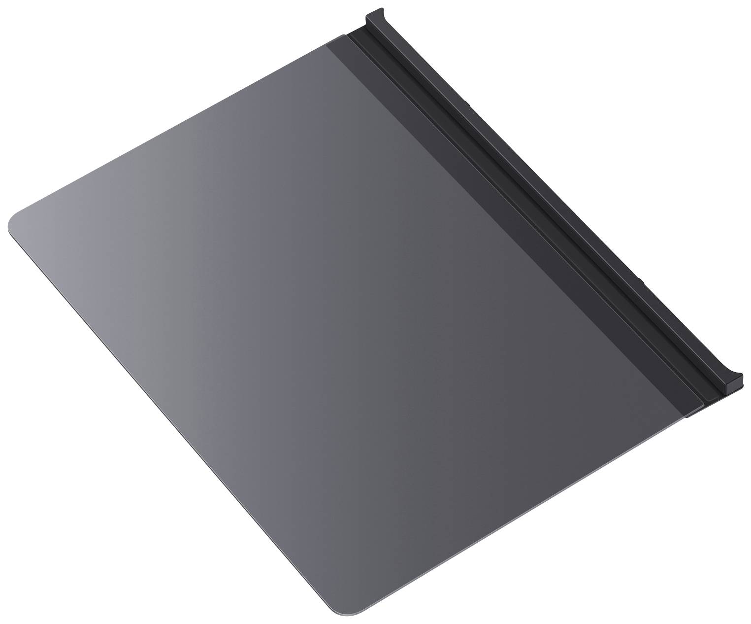 Un objet rectangulaire sombre avec un bord droit et un bord biseauté, probablement une sorte de couvercle ou de cache protecteur.